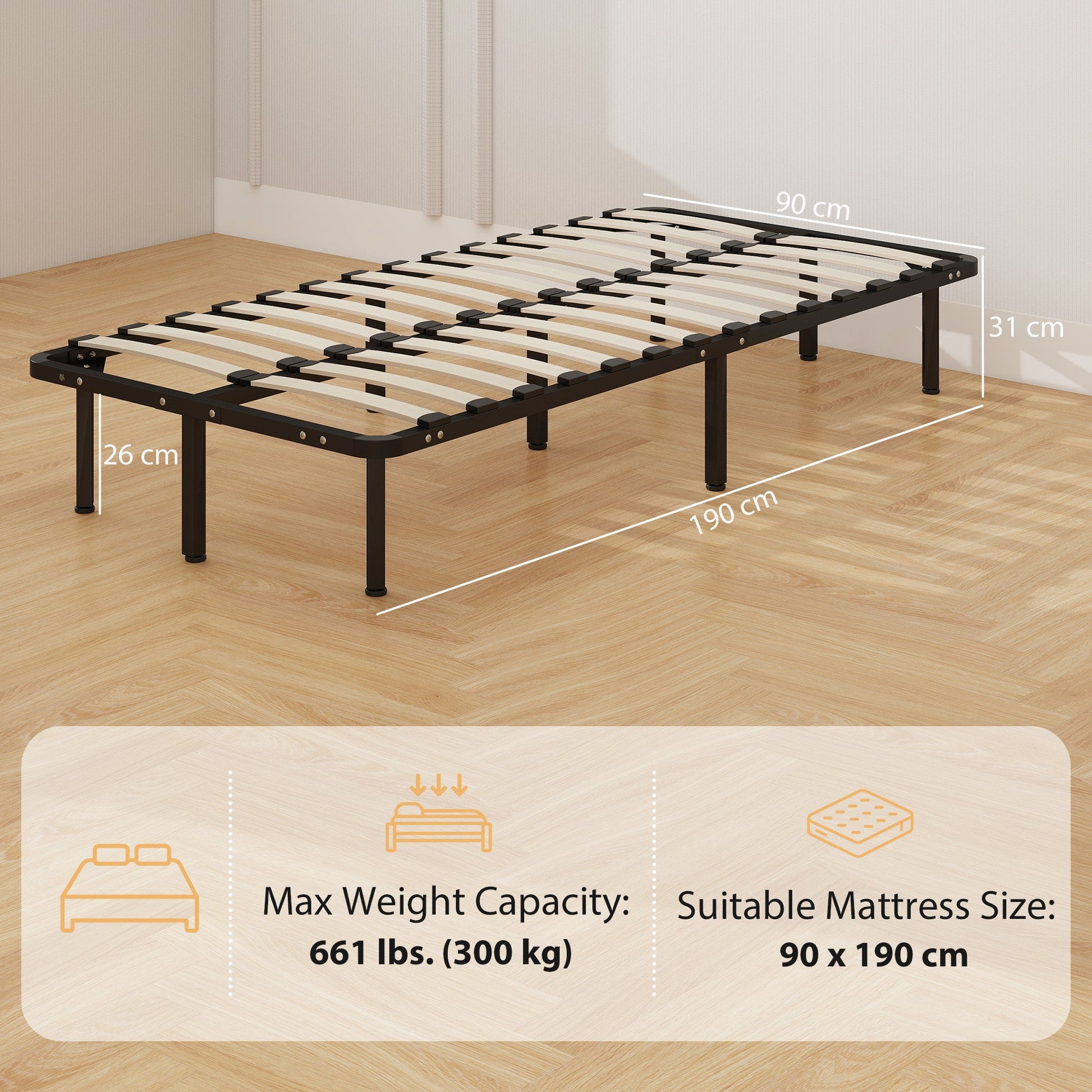 3ft Single Bed Frame, Metal Platform Bed Frame with 2 x 14 Wood Slats, No Box Spring Needed, Underbed Storage, Easy to Assemble, Black