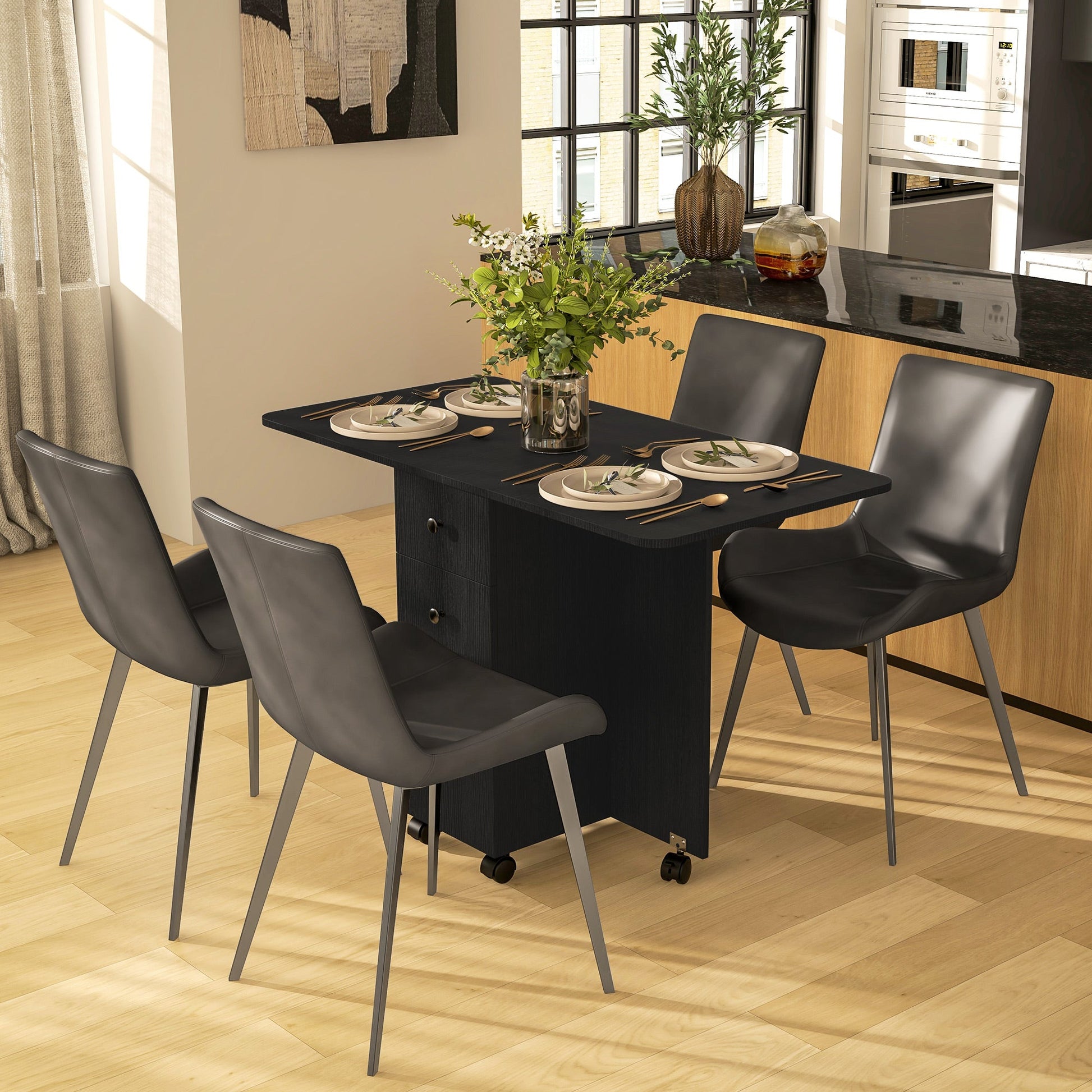 HOMCOM Folding Dining Table for 4-6, Rolling Drop Leaf Table with Storage Drawers, Cabinet and Open Shelf, Extendable Kitchen Table on Wheels, Distressed Black