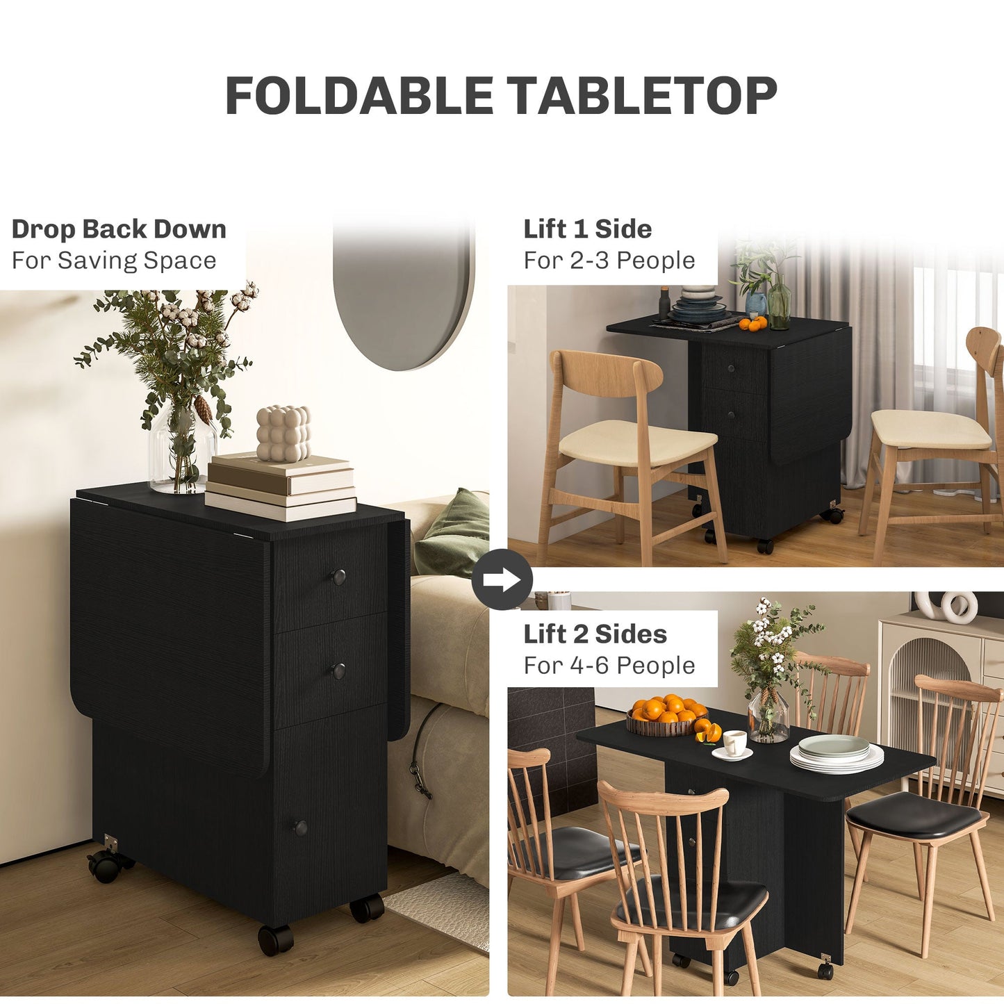 HOMCOM Folding Dining Table for 4-6, Rolling Drop Leaf Table with Storage Drawers, Cabinet and Open Shelf, Extendable Kitchen Table on Wheels, Distressed Black
