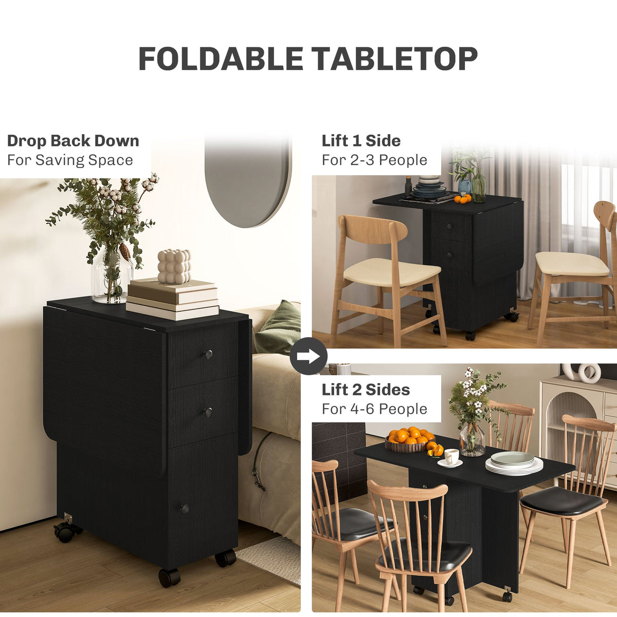 HOMCOM Folding Dining Table for 4-6, Rolling Drop Leaf Table with Storage Drawers, Cabinet and Open Shelf, Extendable Kitchen Table on Wheels, Distressed Black