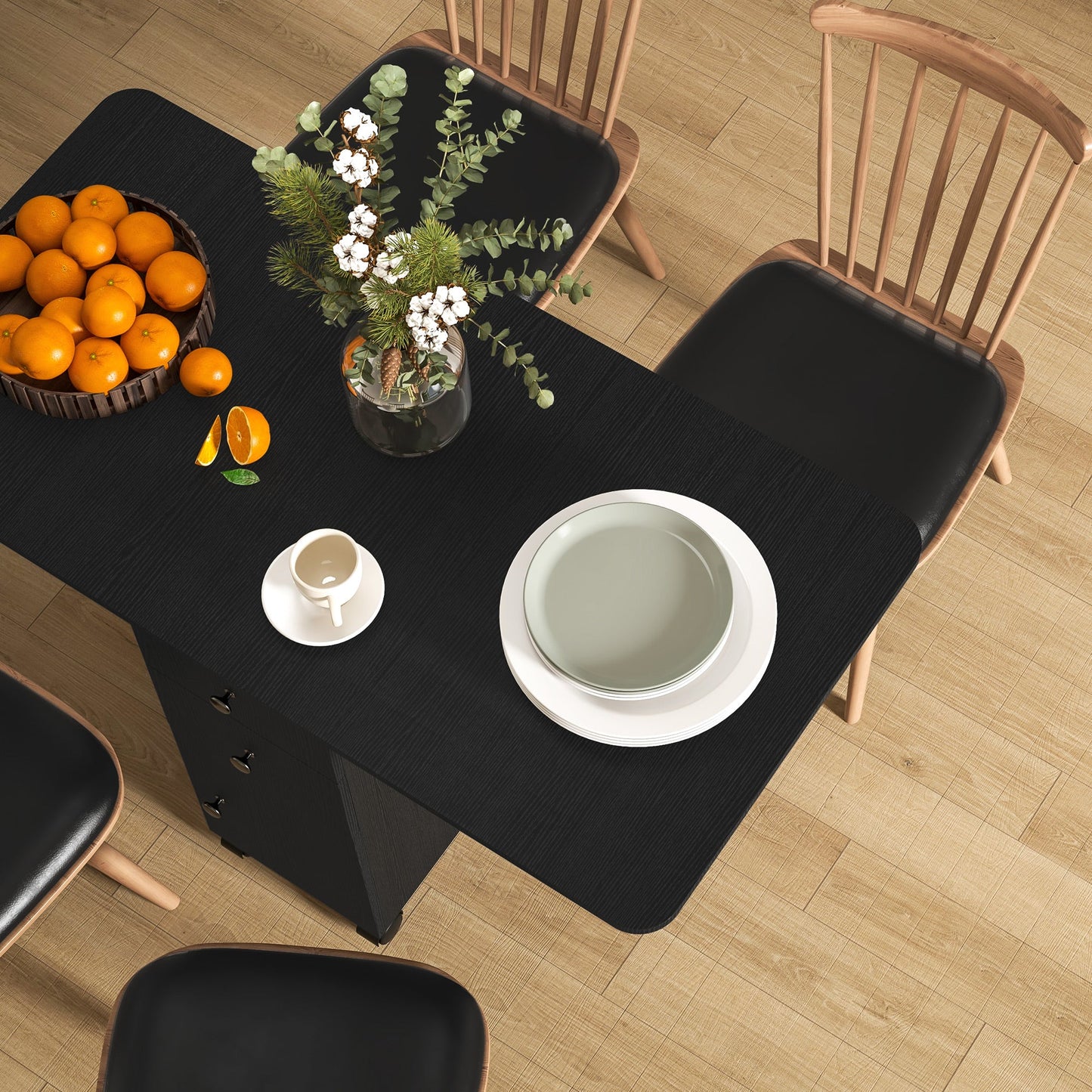 HOMCOM Folding Dining Table for 4-6, Rolling Drop Leaf Table with Storage Drawers, Cabinet and Open Shelf, Extendable Kitchen Table on Wheels, Distressed Black