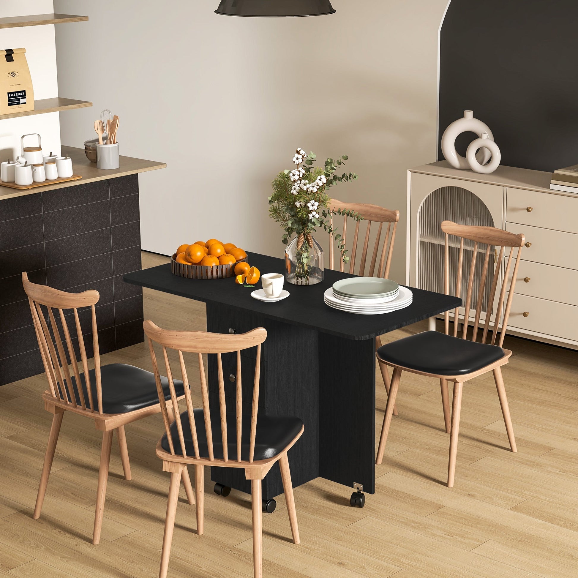 HOMCOM Folding Dining Table for 4-6, Rolling Drop Leaf Table with Storage Drawers, Cabinet and Open Shelf, Extendable Kitchen Table on Wheels, Distressed Black