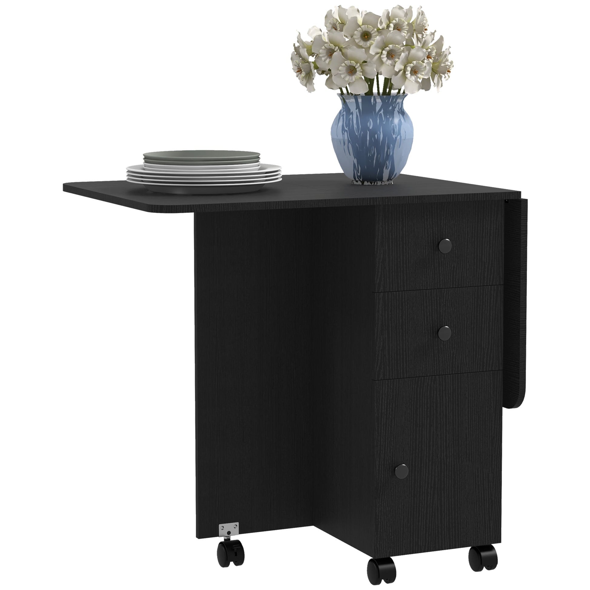 HOMCOM Folding Dining Table for 4-6, Rolling Drop Leaf Table with Storage Drawers, Cabinet and Open Shelf, Extendable Kitchen Table on Wheels, Distressed Black