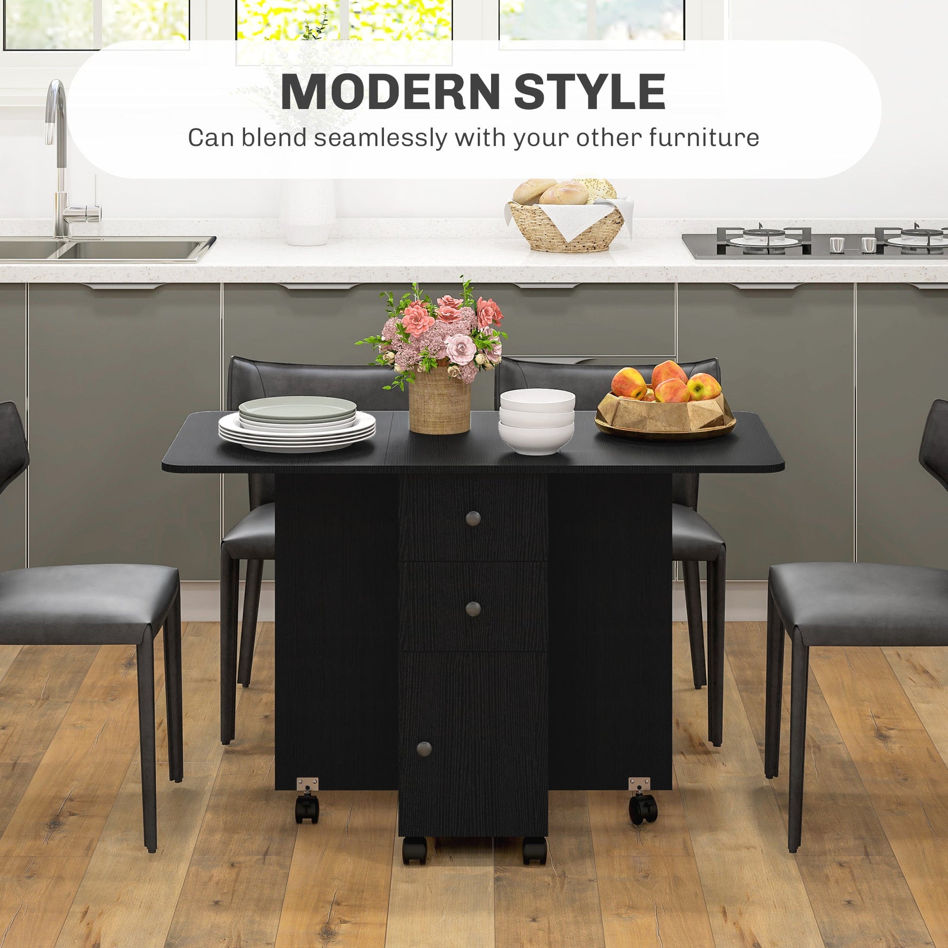 HOMCOM Folding Dining Table for 4-6, Rolling Drop Leaf Table with Storage Drawers, Cabinet and Open Shelf, Extendable Kitchen Table on Wheels, Distressed Black