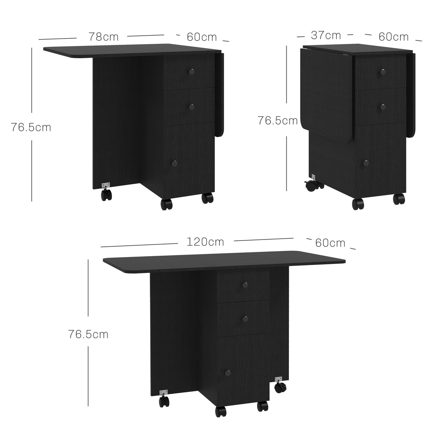 HOMCOM Folding Dining Table for 4-6, Rolling Drop Leaf Table with Storage Drawers, Cabinet and Open Shelf, Extendable Kitchen Table on Wheels, Distressed Black