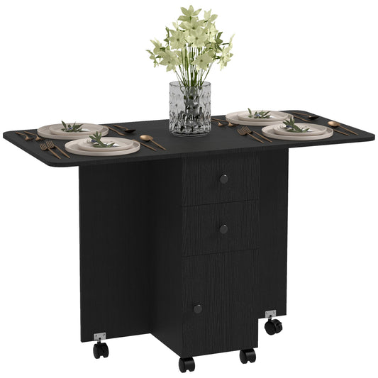HOMCOM Folding Dining Table for 4-6, Rolling Drop Leaf Table with Storage Drawers, Cabinet and Open Shelf, Extendable Kitchen Table on Wheels, Distressed Black