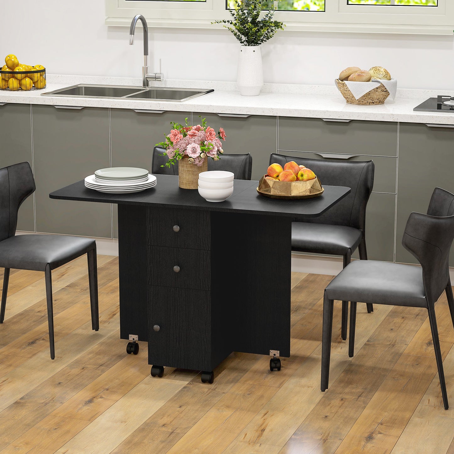 HOMCOM Folding Dining Table for 4-6, Rolling Drop Leaf Table with Storage Drawers, Cabinet and Open Shelf, Extendable Kitchen Table on Wheels, Distressed Black