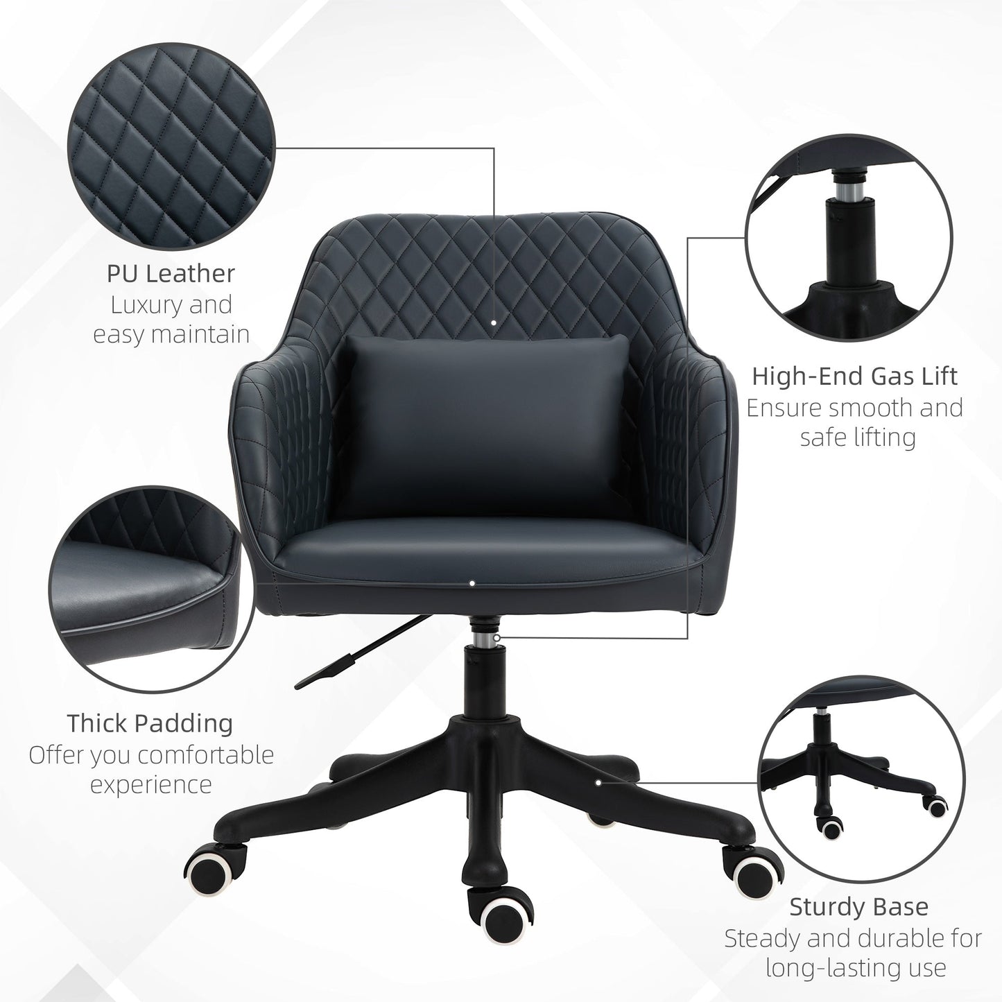 HOMCOM Velvet Office Chair, Desk Chair, Makeup Vanity Chair with Massage Lumbar Pillow and Rolling Wheels for Bedroom and Home, Deep Blue