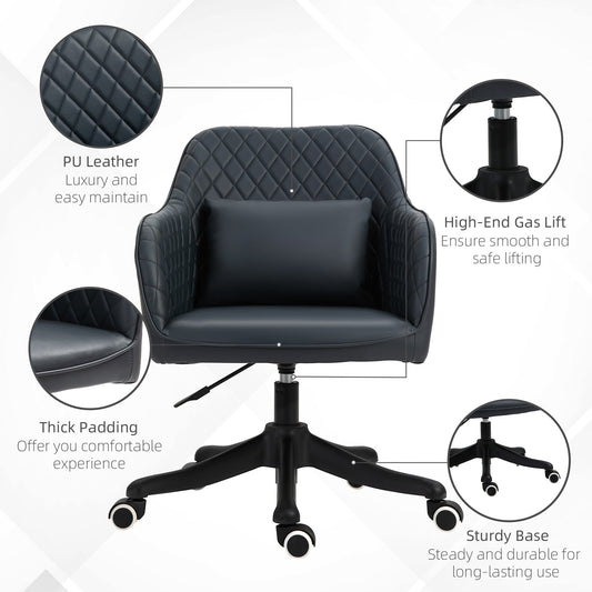 HOMCOM Velvet Office Chair, Desk Chair, Makeup Vanity Chair with Massage Lumbar Pillow and Rolling Wheels for Bedroom and Home, Deep Blue