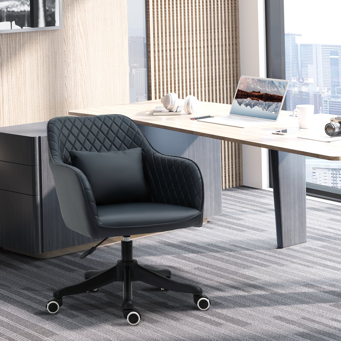 HOMCOM Velvet Office Chair, Desk Chair, Makeup Vanity Chair with Massage Lumbar Pillow and Rolling Wheels for Bedroom and Home, Deep Blue