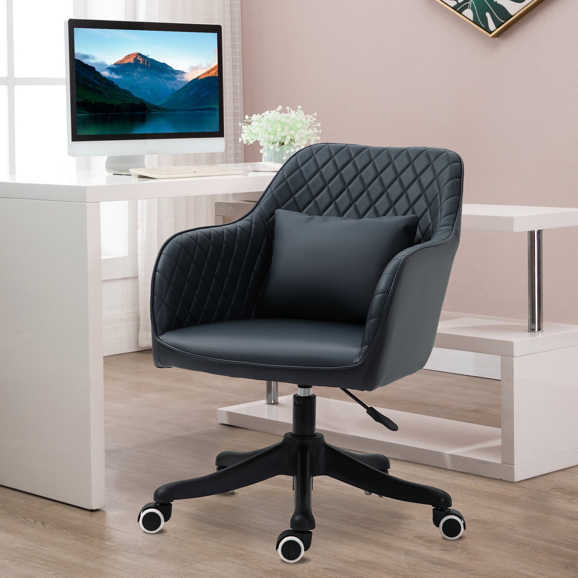 HOMCOM Velvet Office Chair, Desk Chair, Makeup Vanity Chair with Massage Lumbar Pillow and Rolling Wheels for Bedroom and Home, Deep Blue