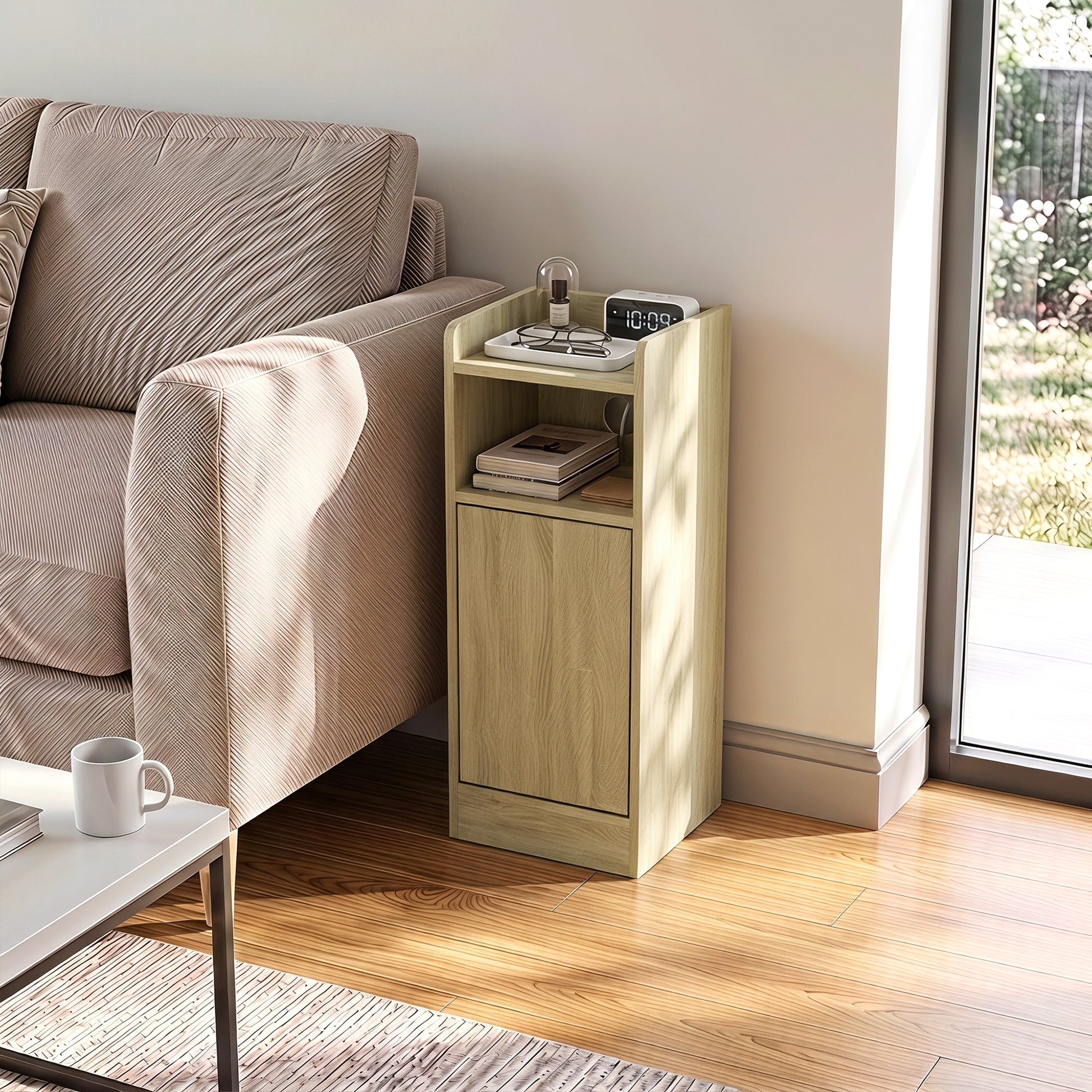 Slim Bedside Table Set of 2 with Charging Station, Narrow Bedside Cabinet with Open Compartment, Adjustable Shelf and Cupboard, Side End Table for Bedroom Living Room Compact Nooks, Oak