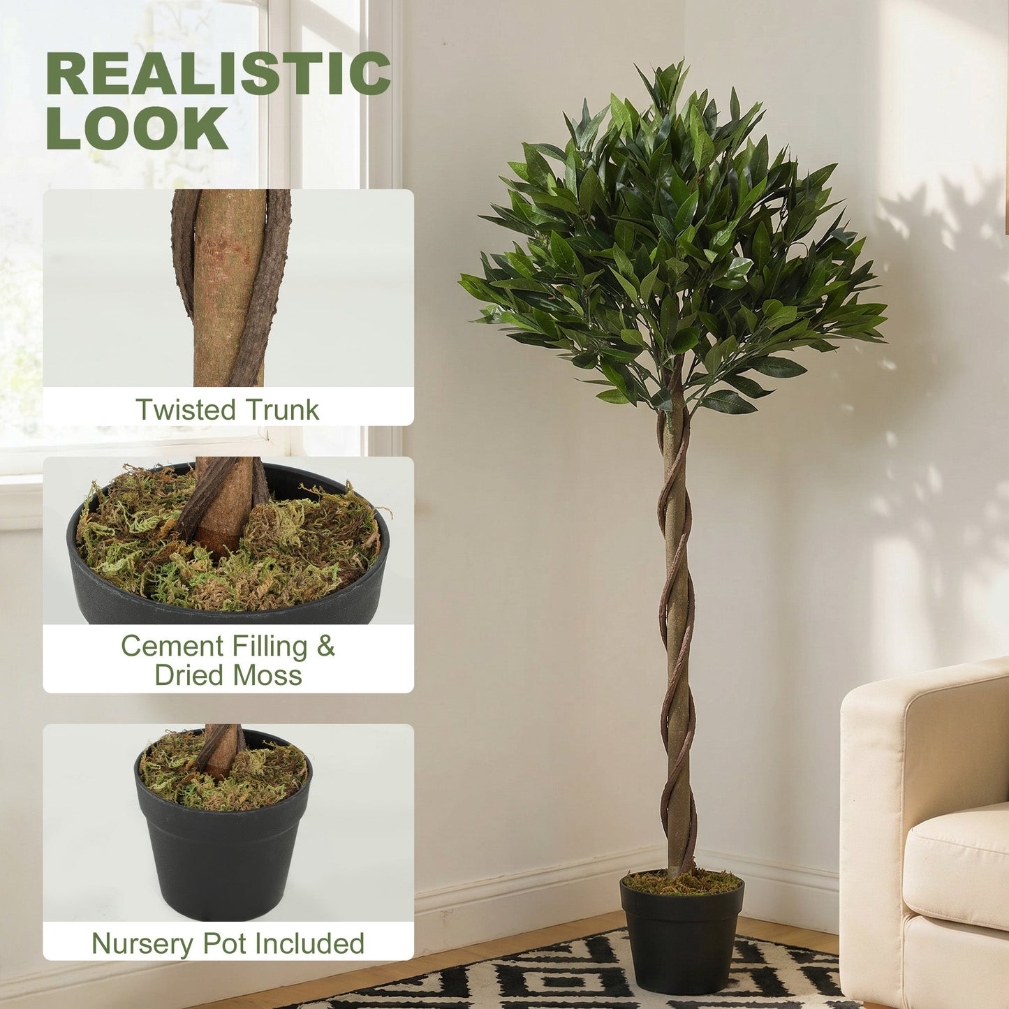 Artificial Bay Laurel Topiary Trees with Twisted Trunk, Realistic Lush Topiary Ball Tree with Weighted Pot, 120cm Indoor Greenery Plant for Home Office Garden Decor, Set of 2, Green