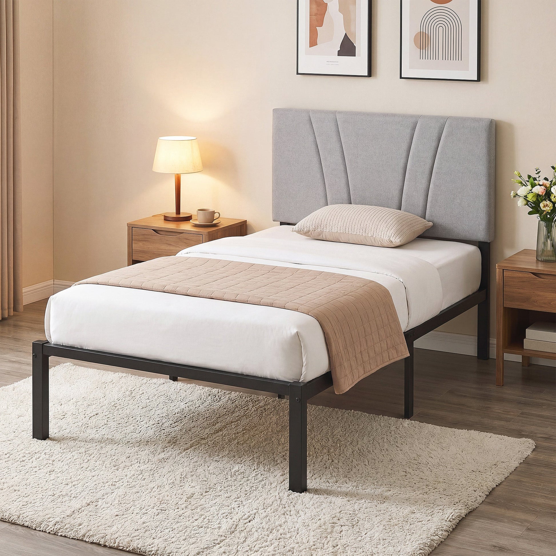 3FT Single Bed Frame with Upholstered and Padded Headboard, Metal Bed Frame with Underbed Storage and Steel Slat Support, No Box Spring Needed, Easy Assembly, Black and Light Grey