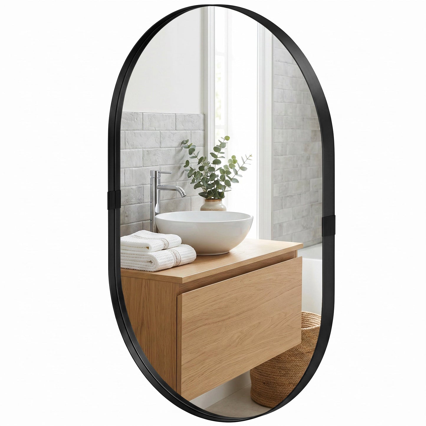 Wall Mirror with Elevated Aluminium Alloy Frame, 60 x 90 cm Bathroom Mirror with Tempered Glass for Living Room, Bedroom, Hallway, Black
