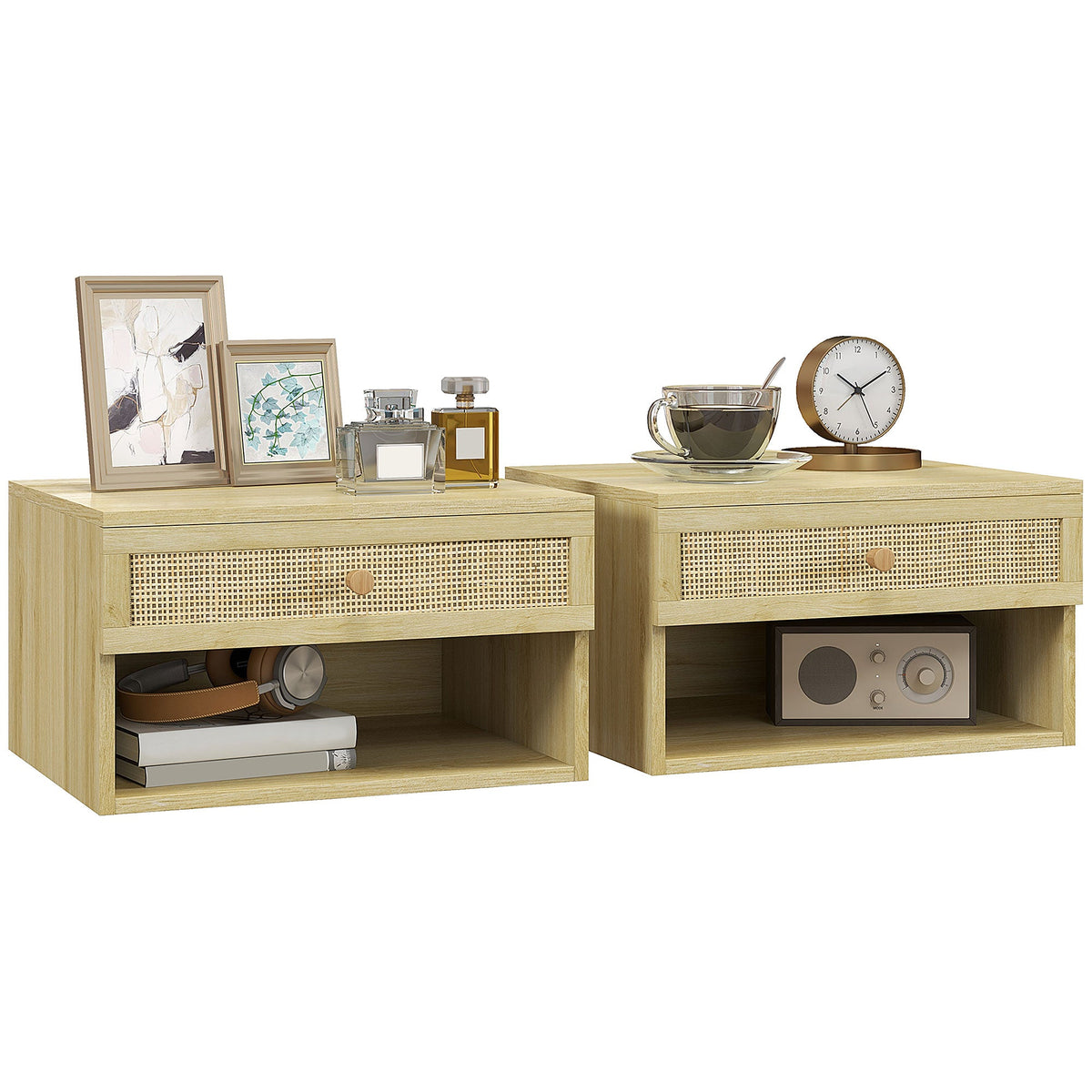 HOMCOM Floating Bedside Tables, Nordic Nightstands Set of 2 with Rattan Drawer and Open Shelf for Bedroom, Nature Wood Finish