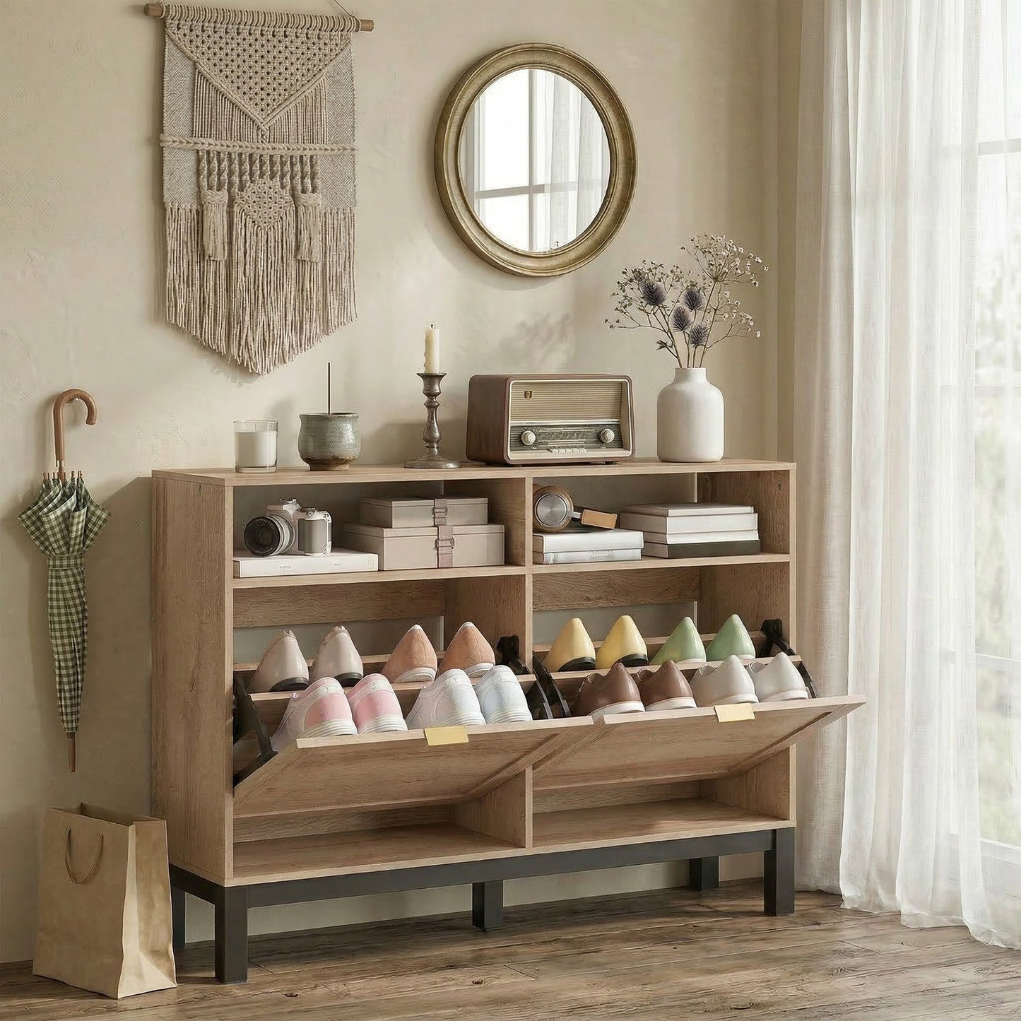 Narrow Shoe Cabinet with 2 Flip Drawers, Modern Shoe Storage Cabinet with Adjustable Shelves for Entryway, Hallway, Holds 8 Pairs, Walnut Brown