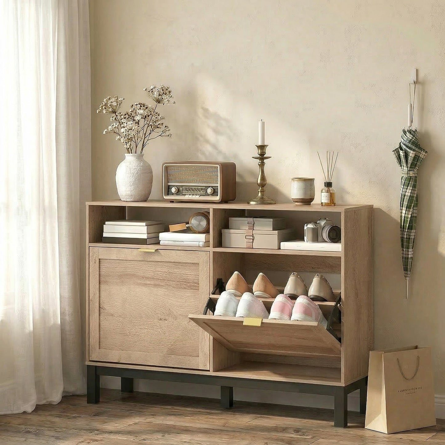 Narrow Shoe Cabinet with 2 Flip Drawers, Modern Shoe Storage Cabinet with Adjustable Shelves for Entryway, Hallway, Holds 8 Pairs, Walnut Brown