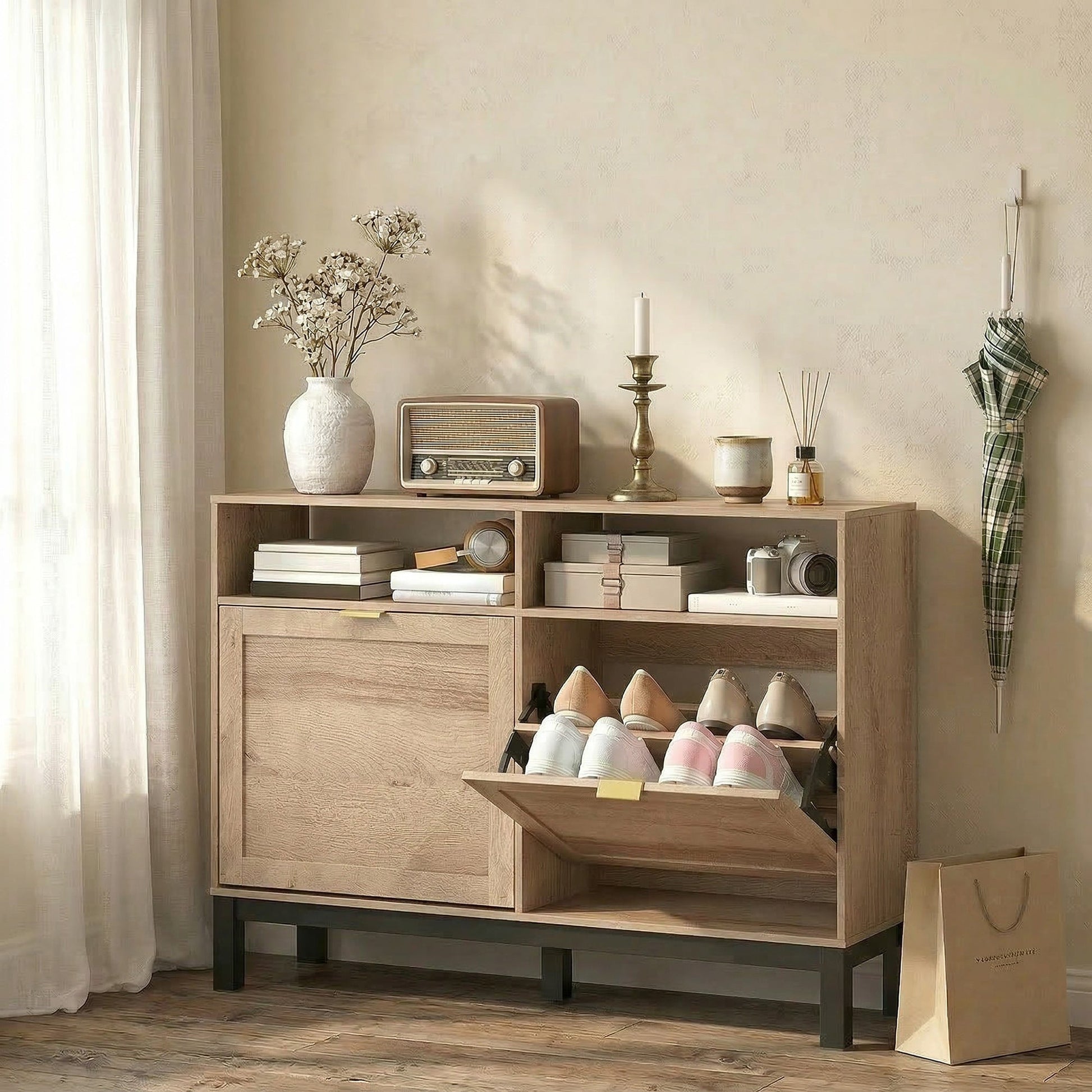 Narrow Shoe Cabinet with 2 Flip Drawers, Modern Shoe Storage Cabinet with Adjustable Shelves for Entryway, Hallway, Holds 8 Pairs, Walnut Brown