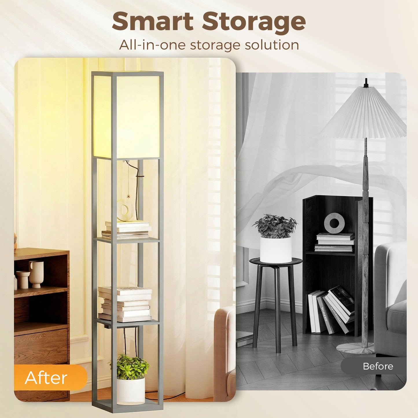 3-Tier Floor Lamp with Shelves and Storage, Modern Corner Standing Lamp with LED Bulb, Lampshade, Reading Light with Foot Switch for Living Room, Bedroom, Home Office, Grey
