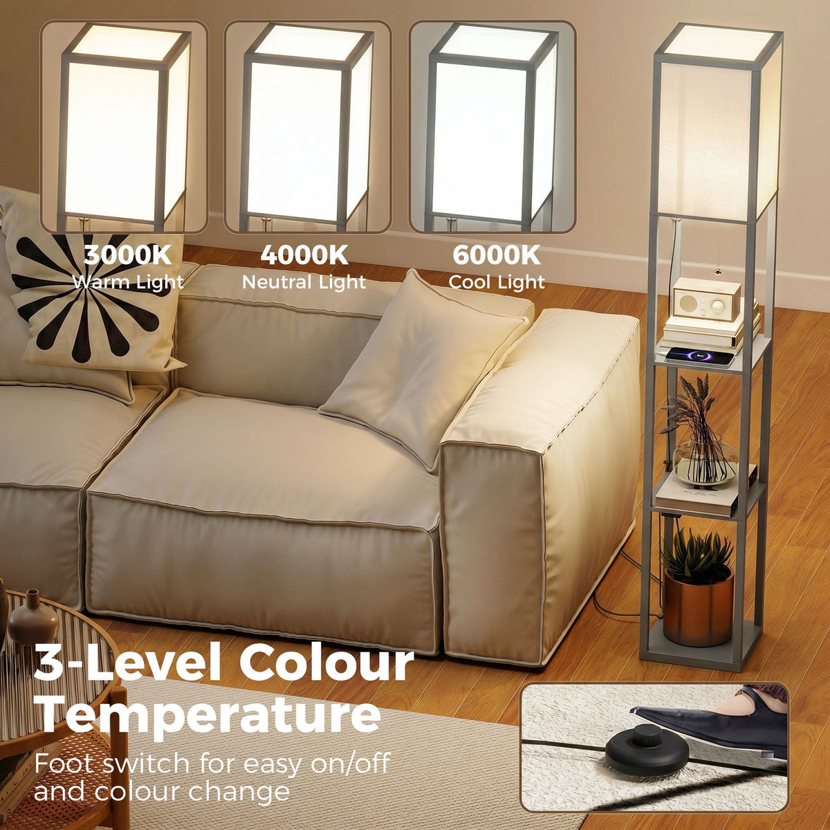 3-Tier Floor Lamp with Shelves and Storage, Modern Corner Standing Lamp with LED Bulb, Lampshade, Reading Light with Foot Switch for Living Room, Bedroom, Home Office, Grey