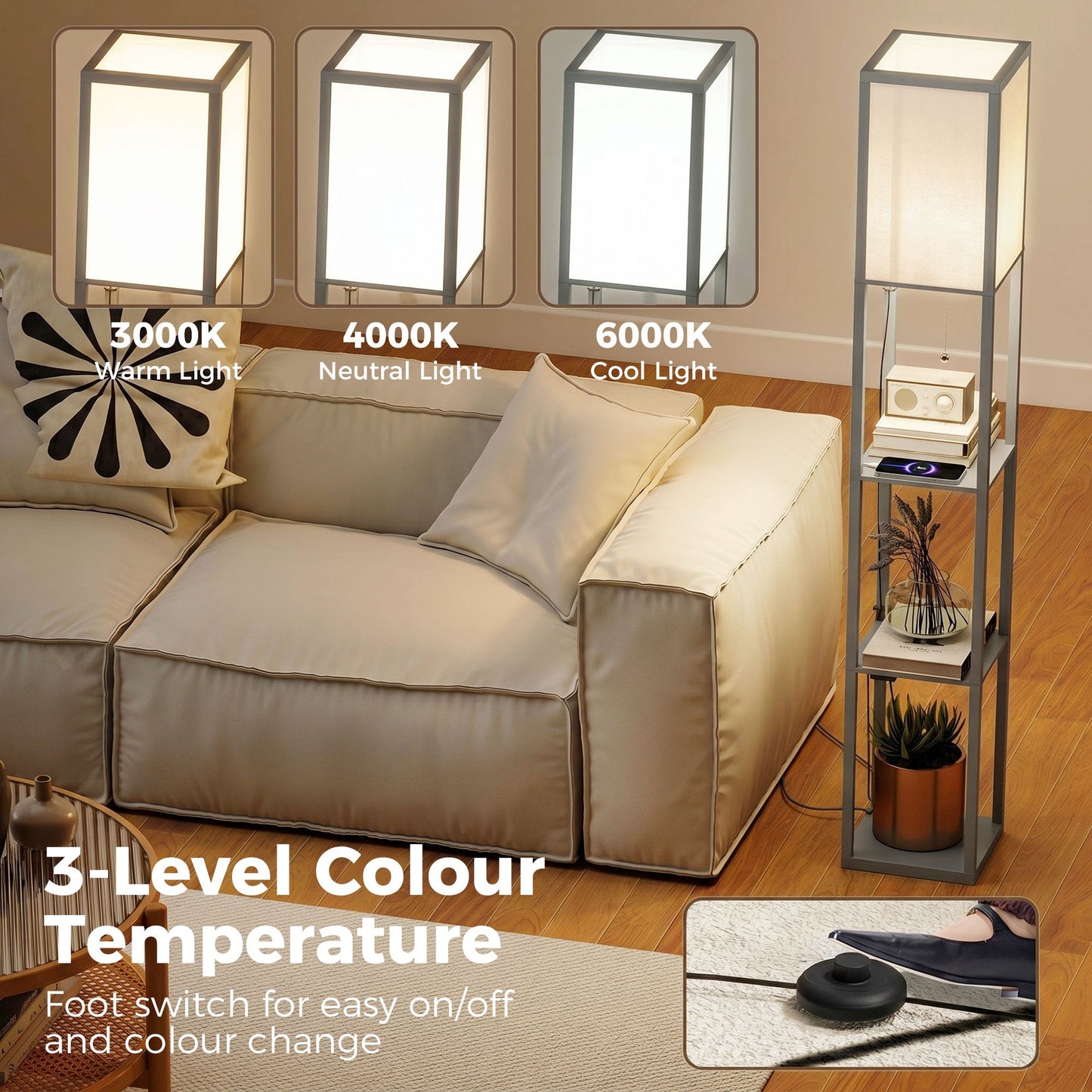 3-Tier Floor Lamp with Shelves and Storage, Modern Corner Standing Lamp with LED Bulb, Lampshade, Reading Light with Foot Switch for Living Room, Bedroom, Home Office, Grey