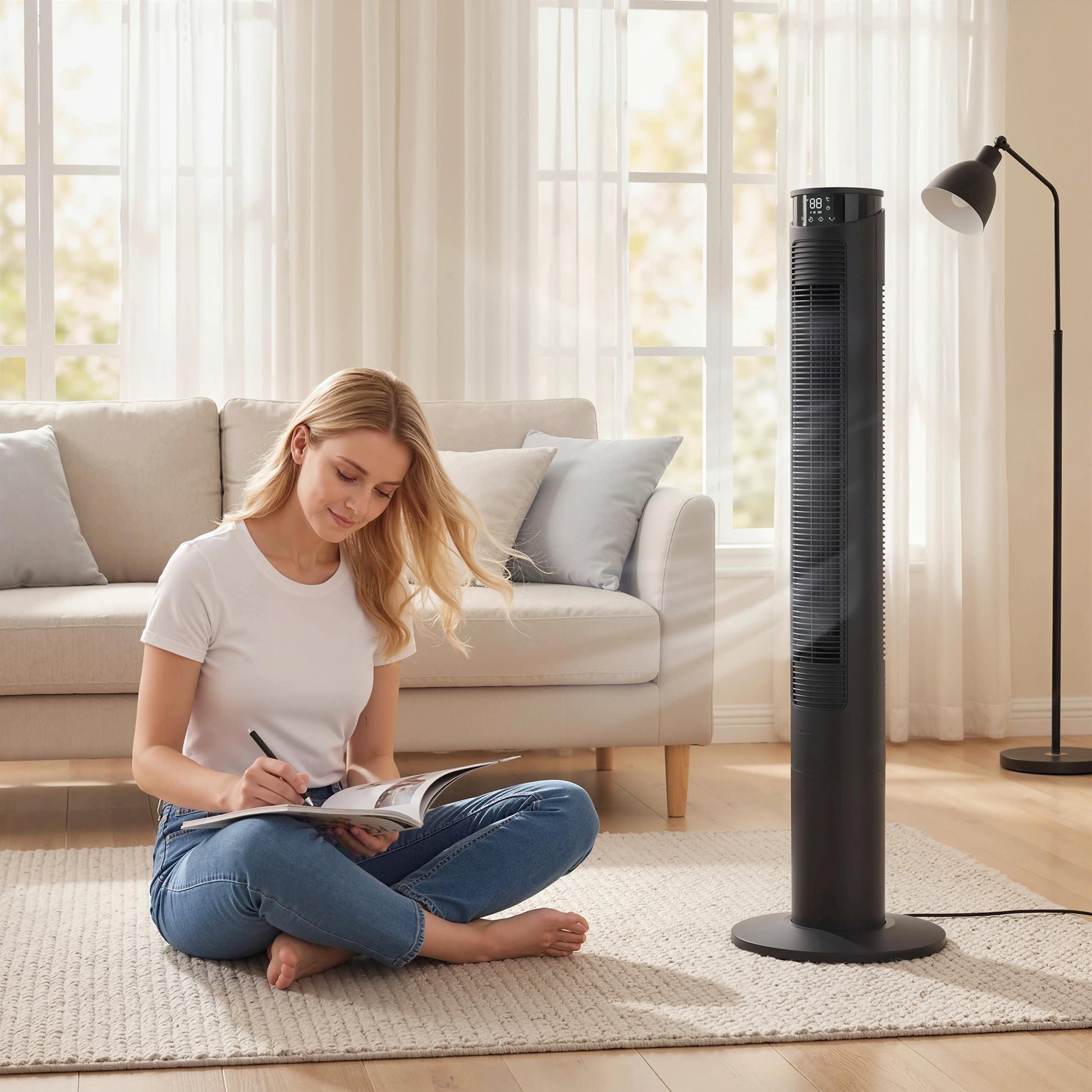 116 cm Tower Fan for Cooling, Standing Floor Fan with WiFi Control, 65° Oscillating, 12 Hour Timer, LED Display and Remote Control for Bedroom, Office, Black