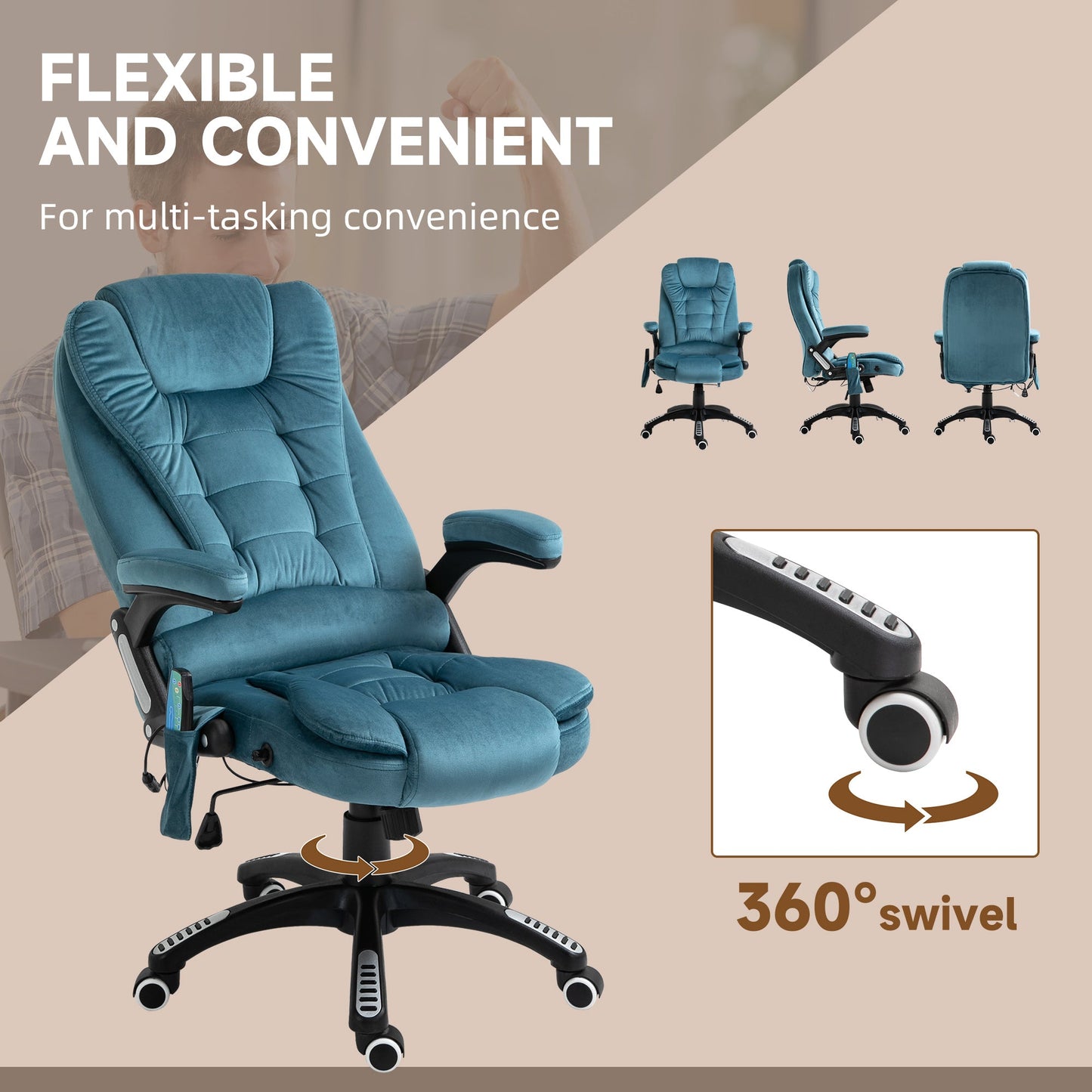Vinsetto Office Chair, Ergonomic Desk Chair with 6-Point Massage and Back Heated, Velvet-Feel Fabric Computer Gaming Chair with Arms, Lumbar Support, Blue