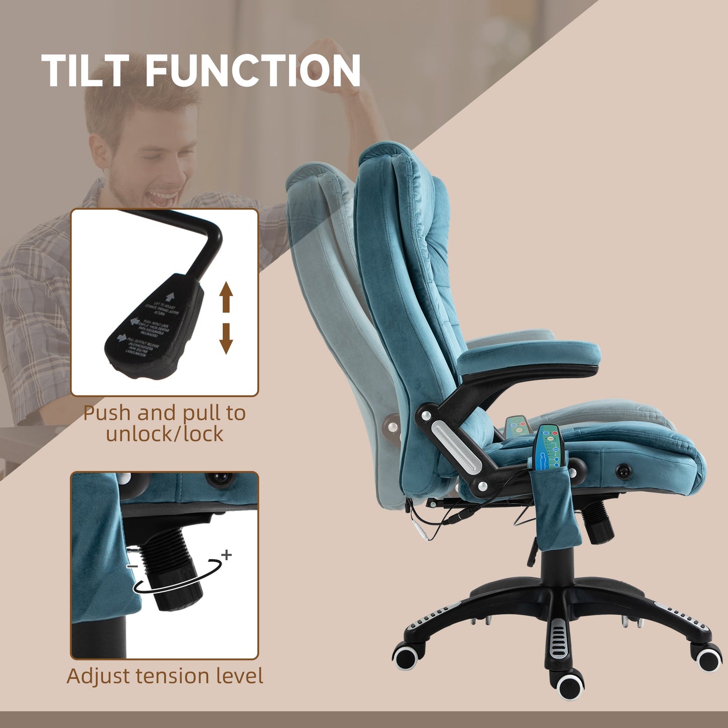 Vinsetto Office Chair, Ergonomic Desk Chair with 6-Point Massage and Back Heated, Velvet-Feel Fabric Computer Gaming Chair with Arms, Lumbar Support, Blue