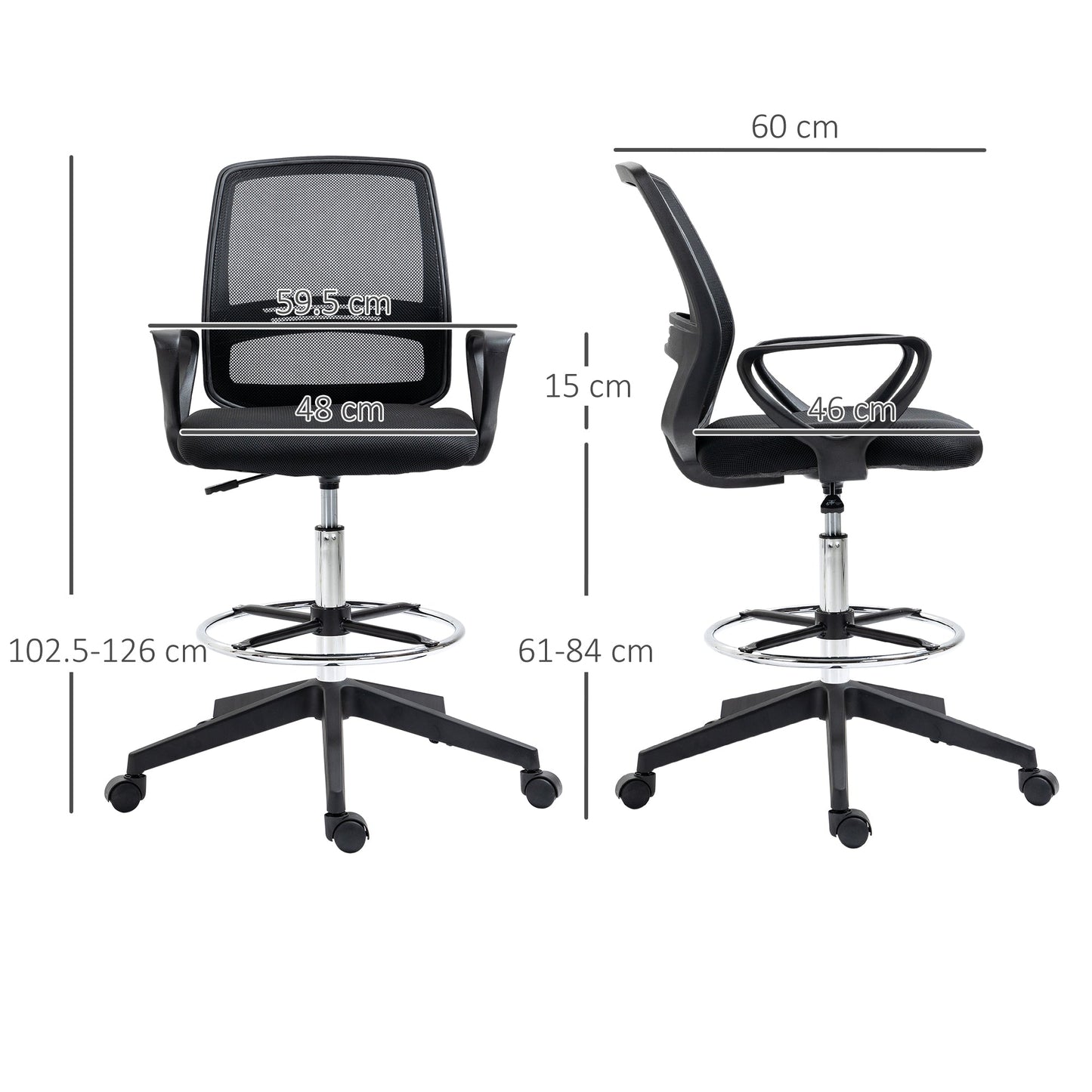 Vinsetto Ergonomic Mesh Back Drafting Chair, Tall Office Chair, Draughtsman Chair with Adjustable Height and Footrest 360° Swivel, Black