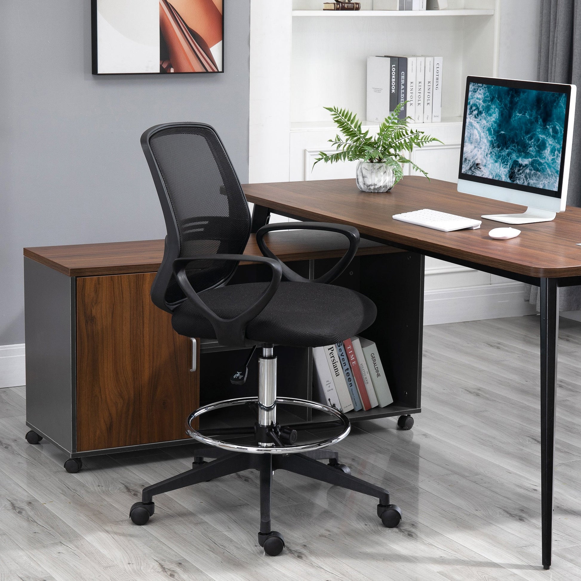 Vinsetto Ergonomic Mesh Back Drafting Chair, Tall Office Chair, Draughtsman Chair with Adjustable Height and Footrest 360° Swivel, Black