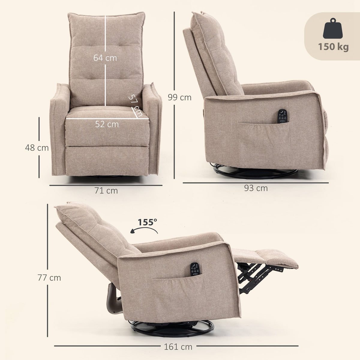 Recliner Armchair, Chenille Recliner Chair with Massage and Heat, 360° Swivel Rocking Manual Reclining Chair with Side Pockets for Living Room, Brown