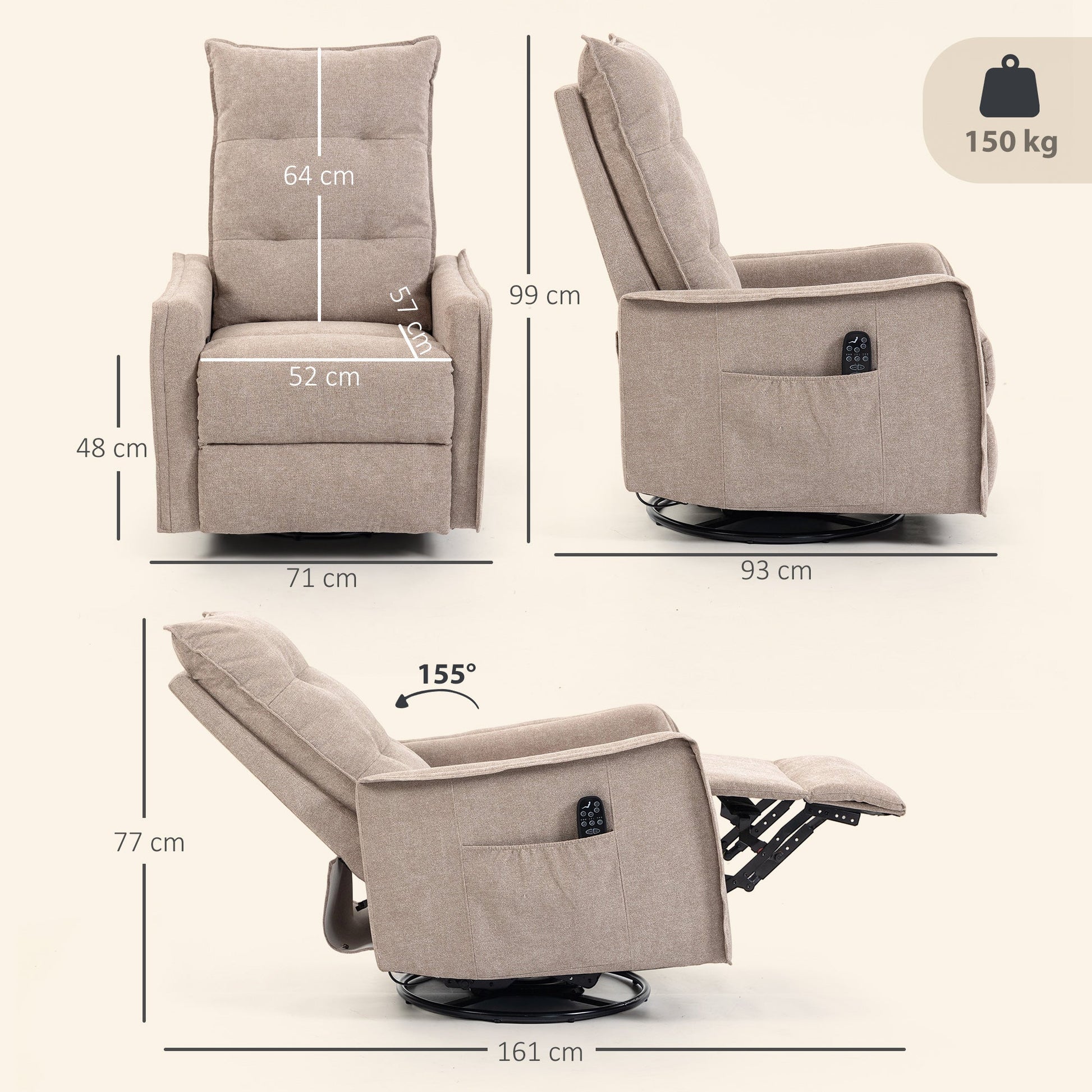 Recliner Armchair, Chenille Recliner Chair with Massage and Heat, 360° Swivel Rocking Manual Reclining Chair with Side Pockets for Living Room, Brown