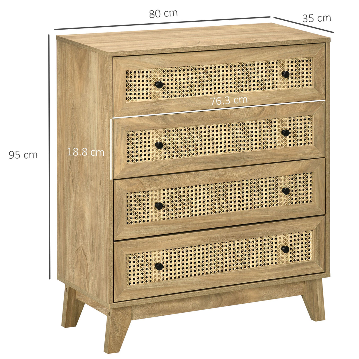 HOMCOM Chest of Drawers, 4-Drawer Storage Organiser Unit with Rattan Element for Bedroom, Living Room, Wood Effect