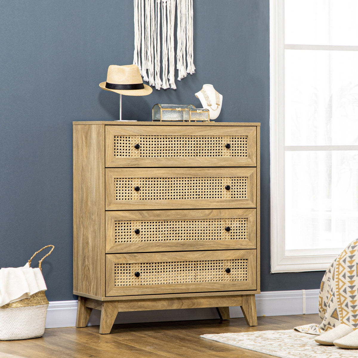 HOMCOM Chest of Drawers, 4-Drawer Storage Organiser Unit with Rattan Element for Bedroom, Living Room, Wood Effect