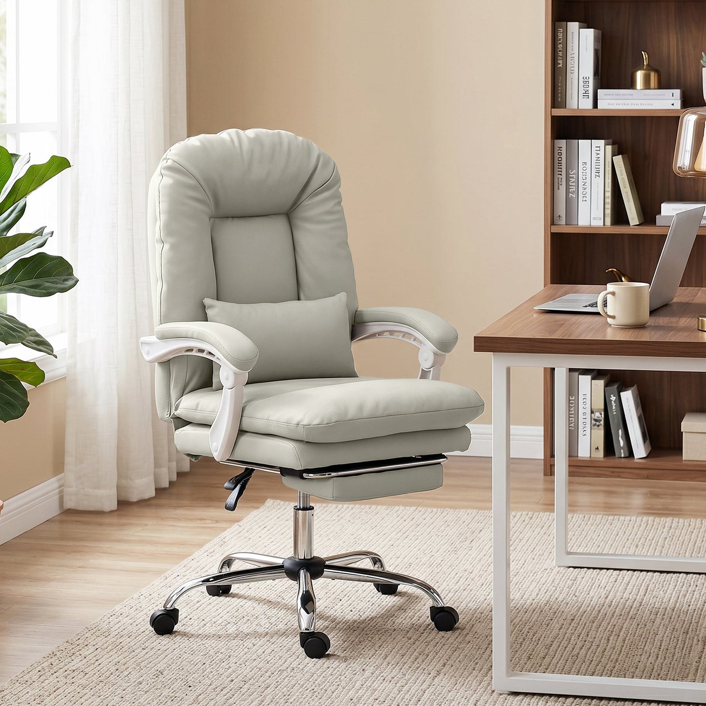 Ergonomic Executive Office Chair, Velvet Reclining Computer Desk Chair with Lumbar Support, Footrest, Plush Thick Cushion, 360° Swivel for Home Office, Khaki