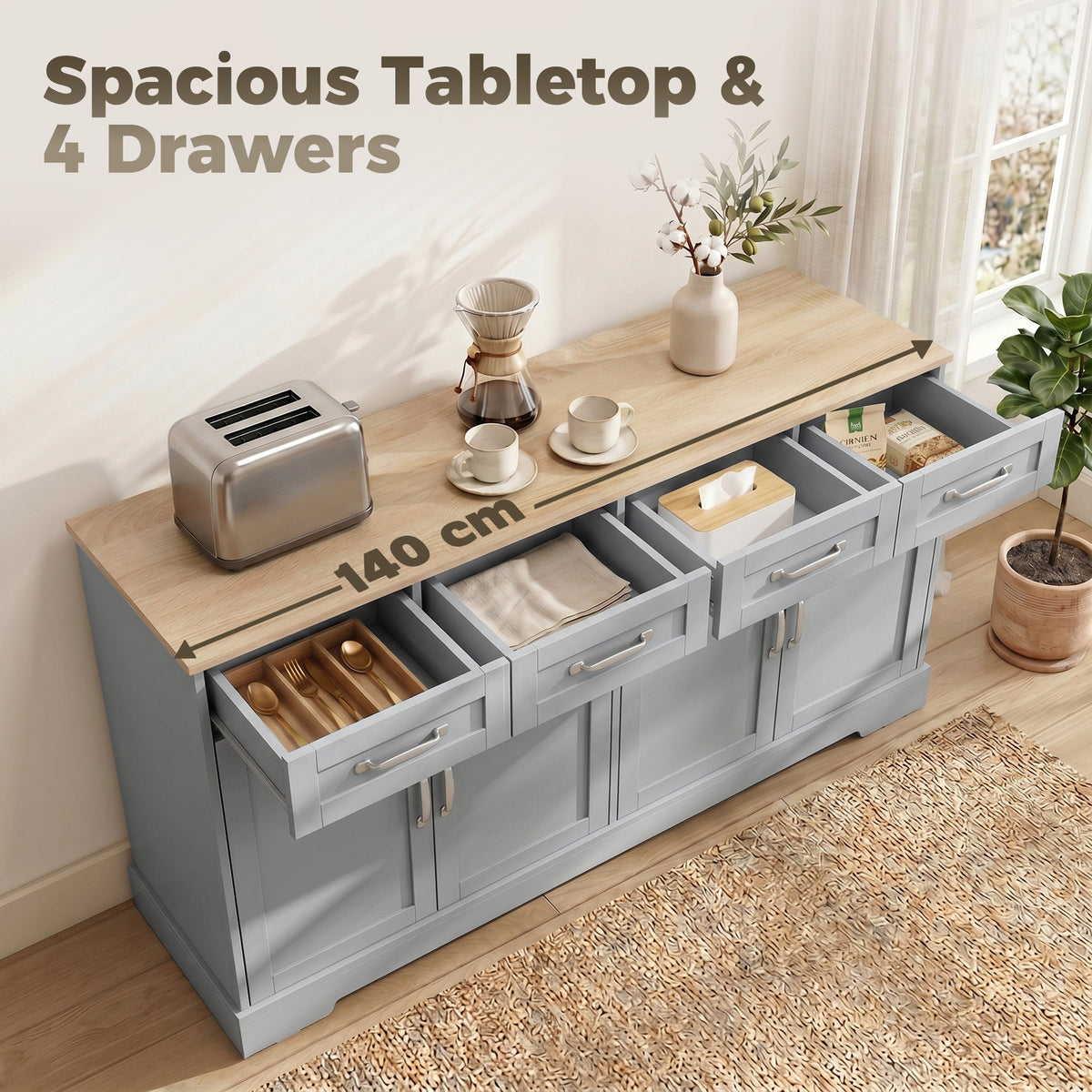 Sideboard Buffet Cabinet, 140 cm Modern Farmhouse Kitchen Storage Cabinet with 4 Drawers, 4 Doors and 2 Adjustable Shelves, Coffee Bar Station, Grey