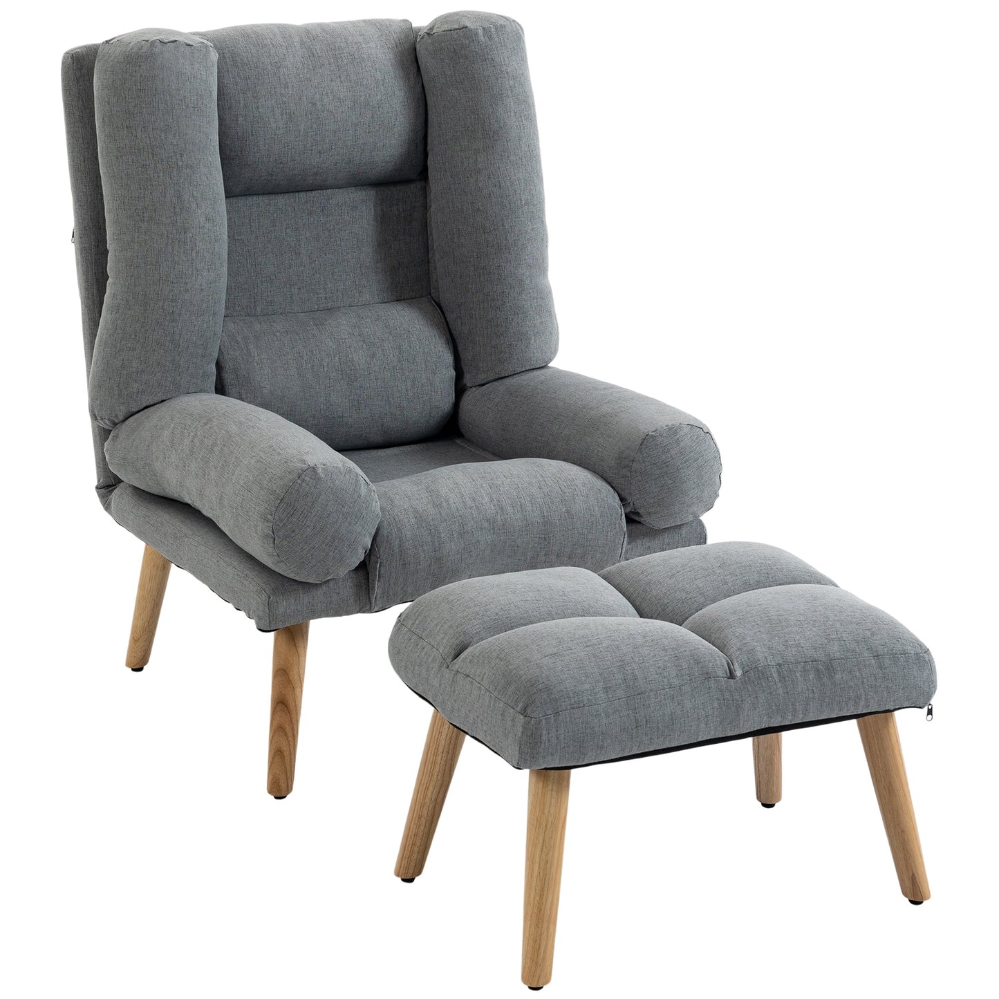 Recliner Chair with Footstool, Linen-Look Fabric Recliner Armchair with Adjustable Backrest, Thick Cushion and Wooden Legs, Reclining Chair for Living Room, Bedroom, Grey
