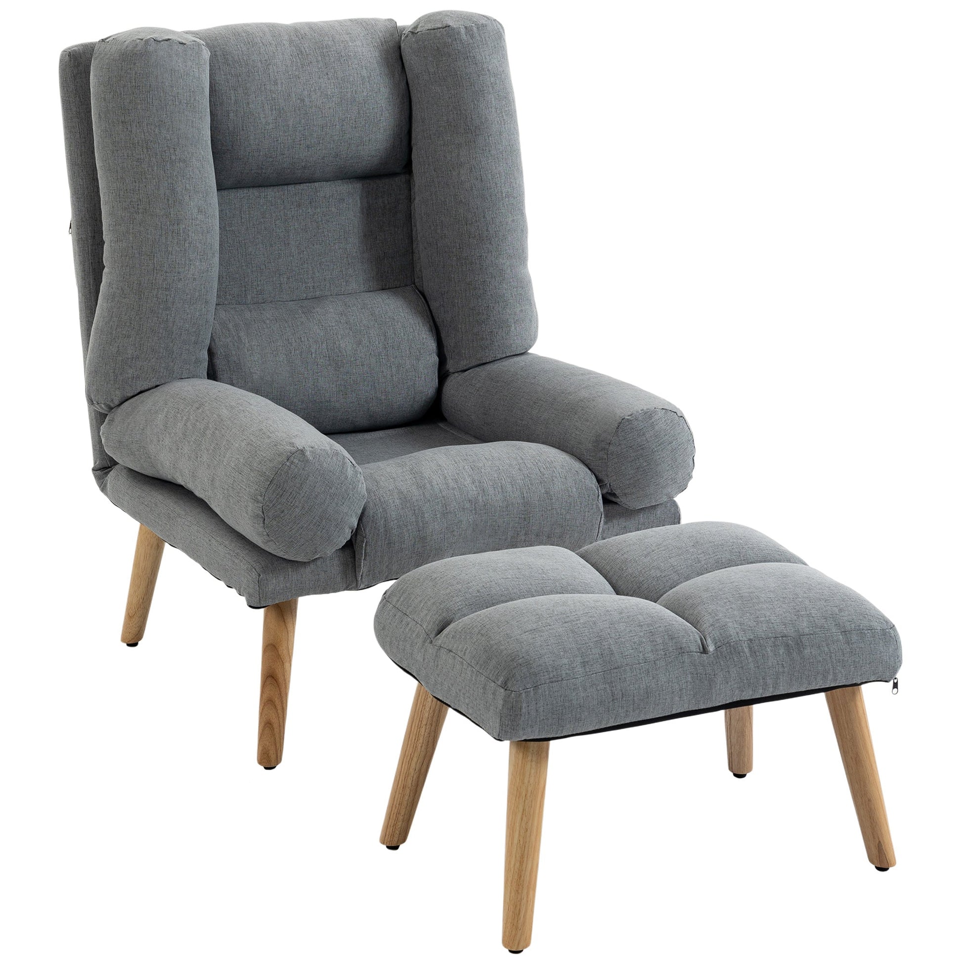 Recliner Chair with Footstool, Linen-Look Fabric Recliner Armchair with Adjustable Backrest, Thick Cushion and Wooden Legs, Reclining Chair for Living Room, Bedroom, Grey