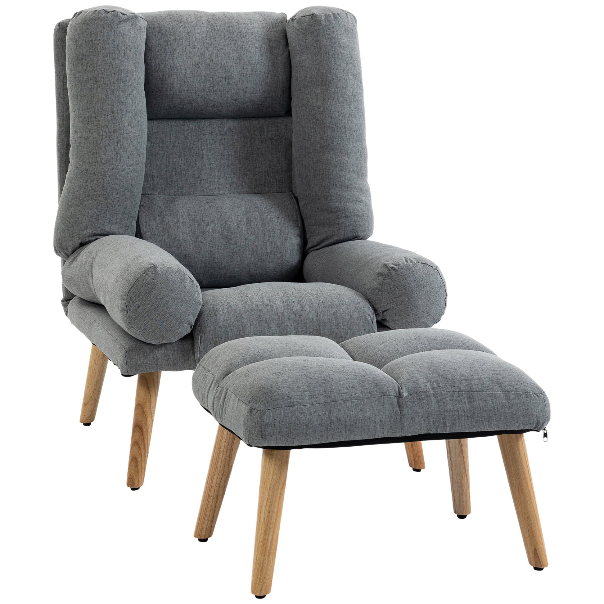 Recliner Chair with Footstool, Linen-Look Fabric Recliner Armchair with Adjustable Backrest, Thick Cushion and Wooden Legs, Reclining Chair for Living Room, Bedroom, Grey