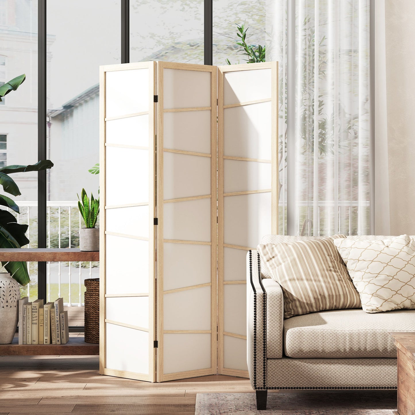 3 Panel Room Divider, Wooden Folding Privacy Screen, Freestanding Wall Partition Separator for Bedroom, Natural Wood Finish