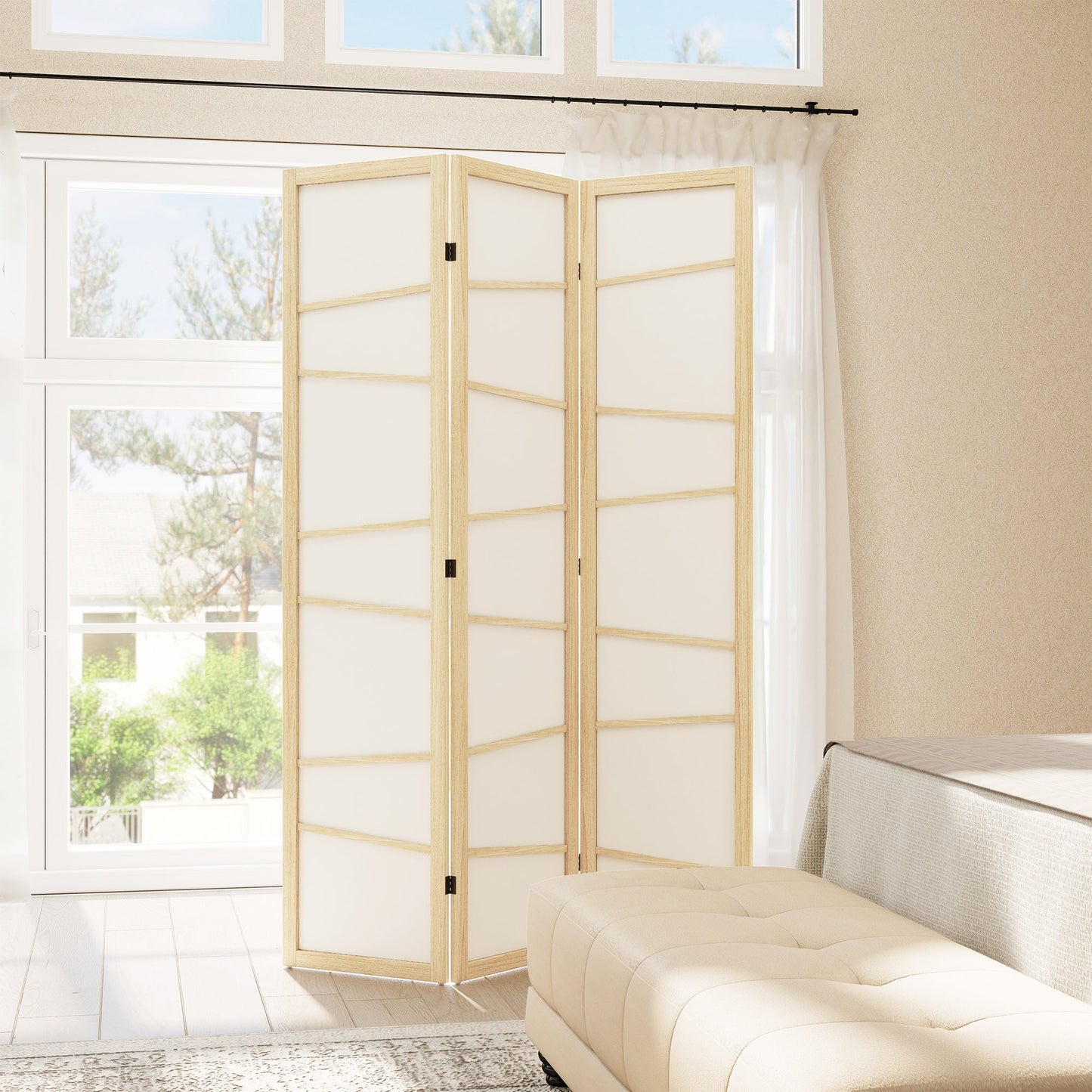 3 Panel Room Divider, Wooden Folding Privacy Screen, Freestanding Wall Partition Separator for Bedroom, Natural Wood Finish