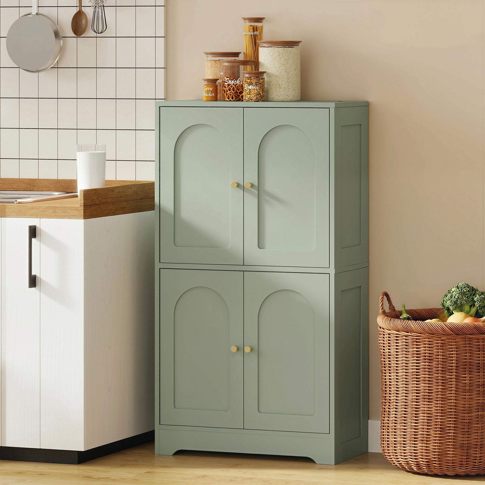 110cm Kitchen Cupboard, Freestanding Kitchen Storage Cabinet with 4 Arched Doors and 2 Adjustable Shelves, Modern Pantry Cupboard for Dining Room, Green