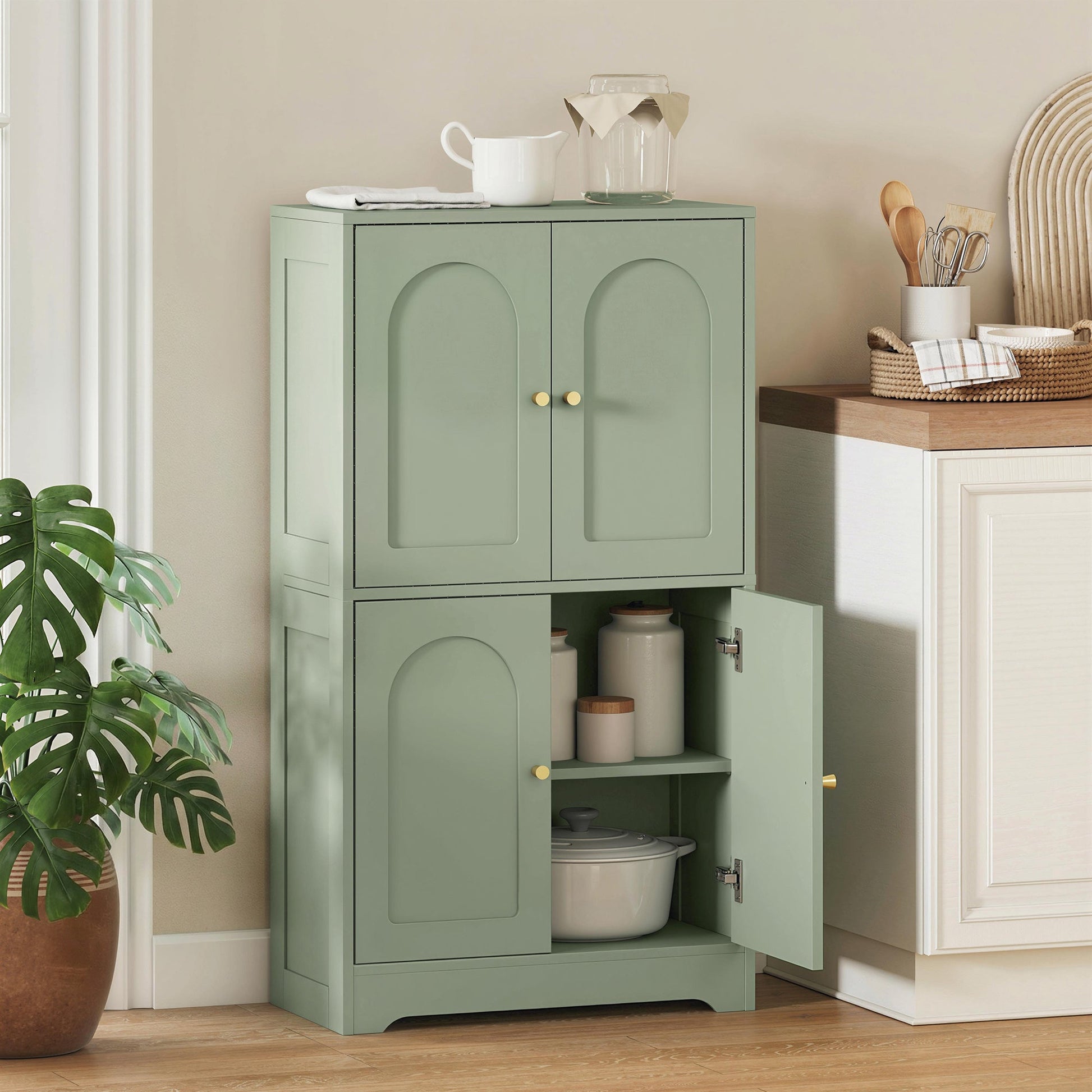 110cm Kitchen Cupboard, Freestanding Kitchen Storage Cabinet with 4 Arched Doors and 2 Adjustable Shelves, Modern Pantry Cupboard for Dining Room, Green