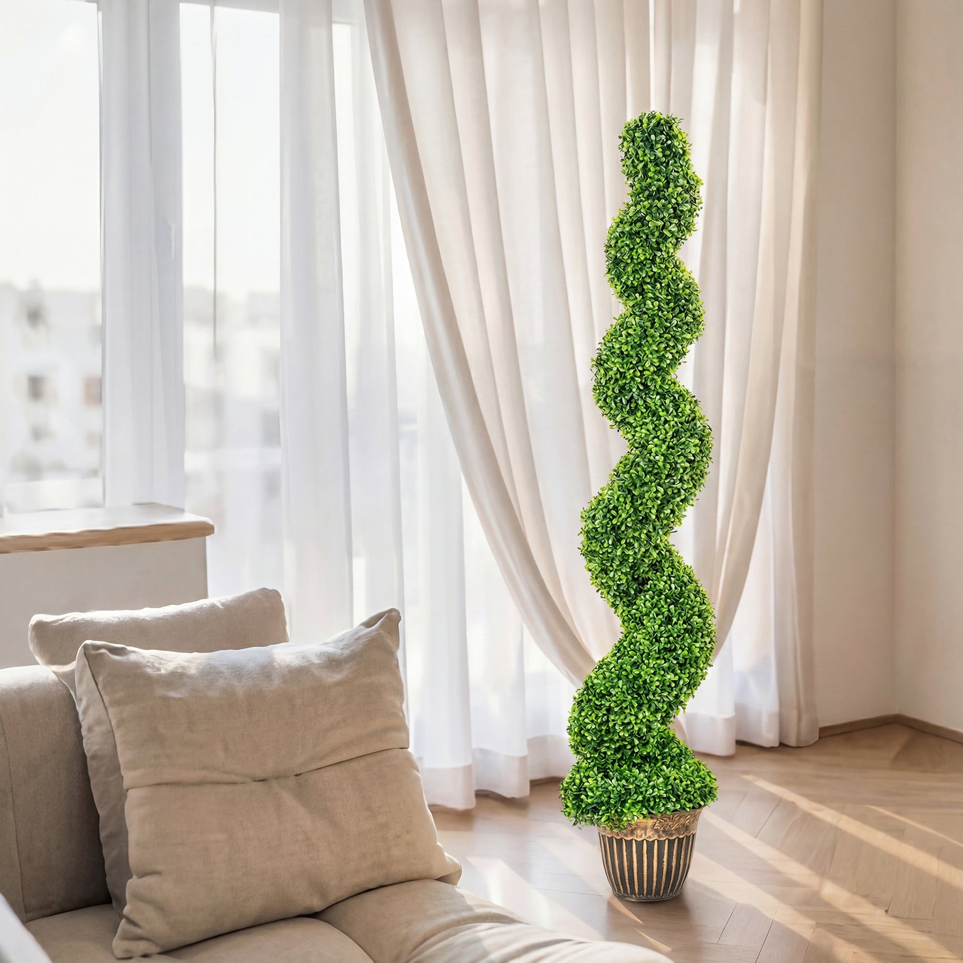 Set of 2 Decorative Artificial Plants Topiary Spiral Boxwood Trees in Pot, Fake Plants for Home Indoor Outdoor Decor, 150cm, Green