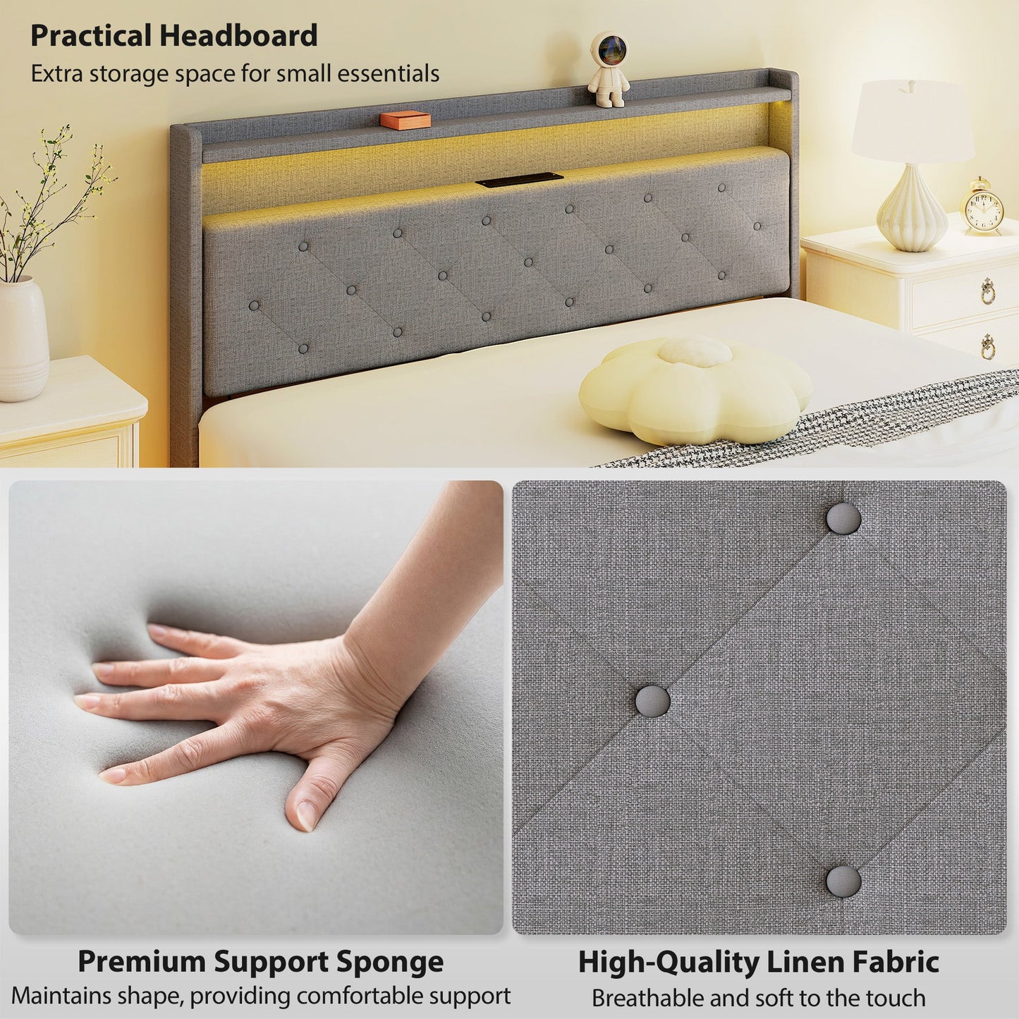 5ft King Size Bed Frame, Floating Bed Frame with Music Sync RGB LED Lights and Charging Station, Upholstered Headboard with Storage Shelves, No Box Spring Needed, Noise Free, Grey
