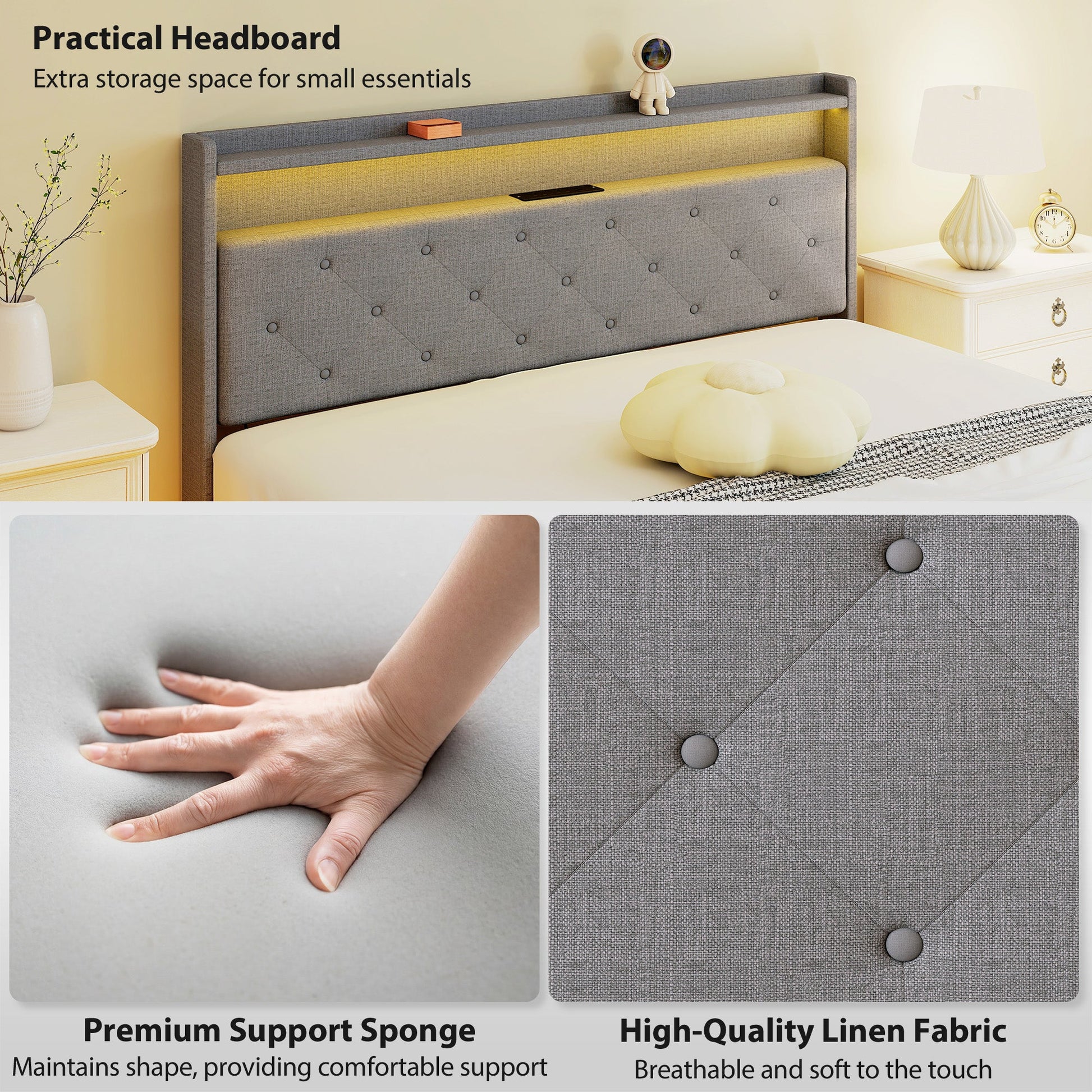 5ft King Size Bed Frame, Floating Bed Frame with Music Sync RGB LED Lights and Charging Station, Upholstered Headboard with Storage Shelves, No Box Spring Needed, Noise Free, Grey