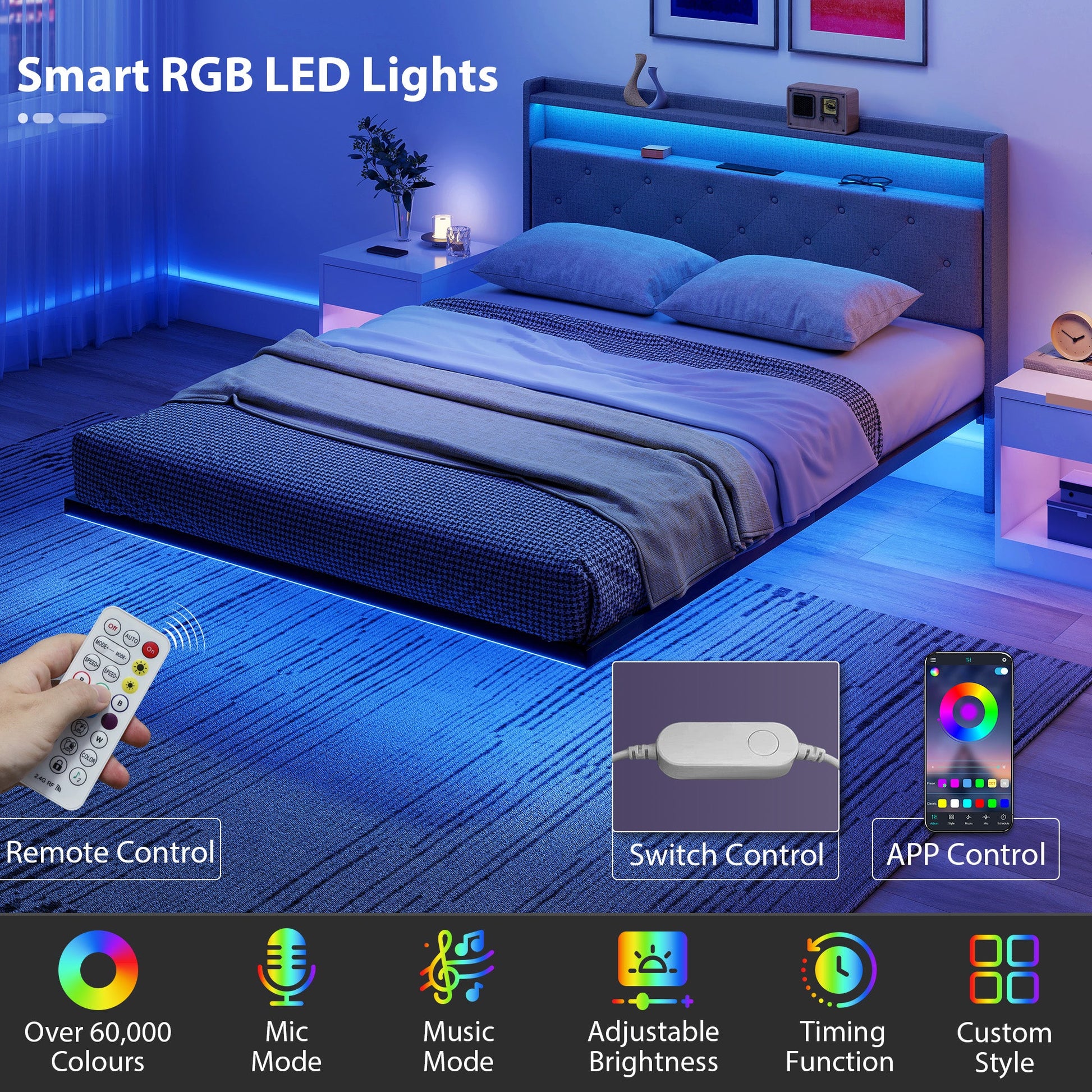 5ft King Size Bed Frame, Floating Bed Frame with Music Sync RGB LED Lights and Charging Station, Upholstered Headboard with Storage Shelves, No Box Spring Needed, Noise Free, Grey