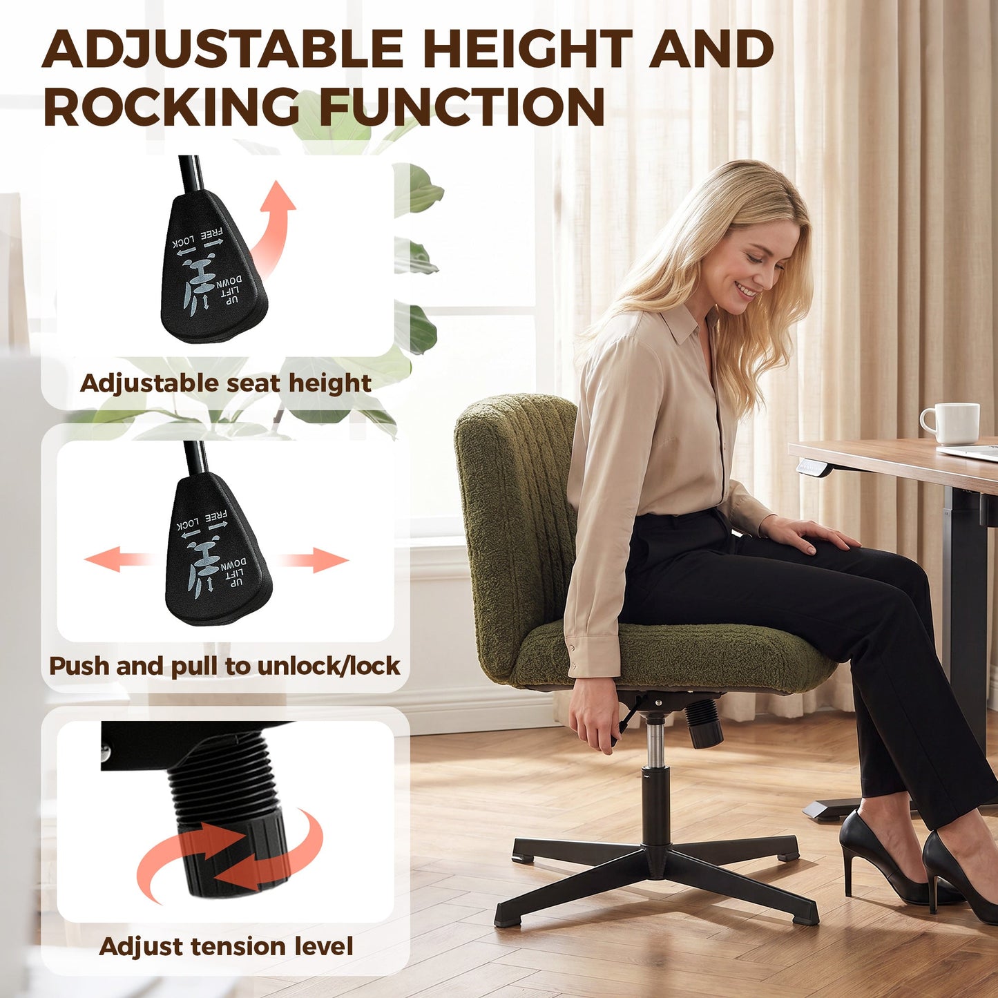 Armless Office Chair No Wheels, Teddy Fleece Criss Cross Legged Desk Chair with Wide Seat, Thick Padding, Rock Function, Height Adjustable Swivel Computer Seat for Home, Green