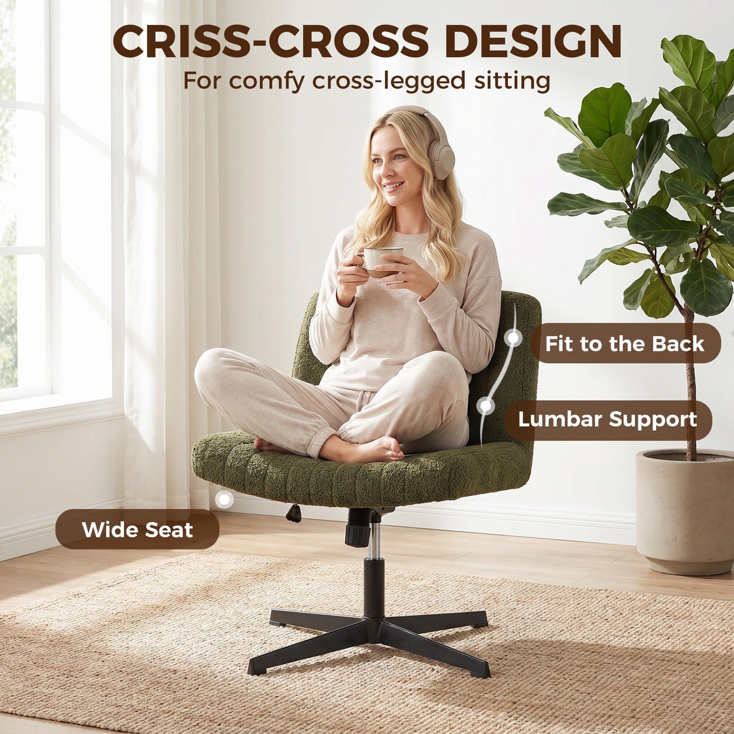Armless Office Chair No Wheels, Teddy Fleece Criss Cross Legged Desk Chair with Wide Seat, Thick Padding, Rock Function, Height Adjustable Swivel Computer Seat for Home, Green
